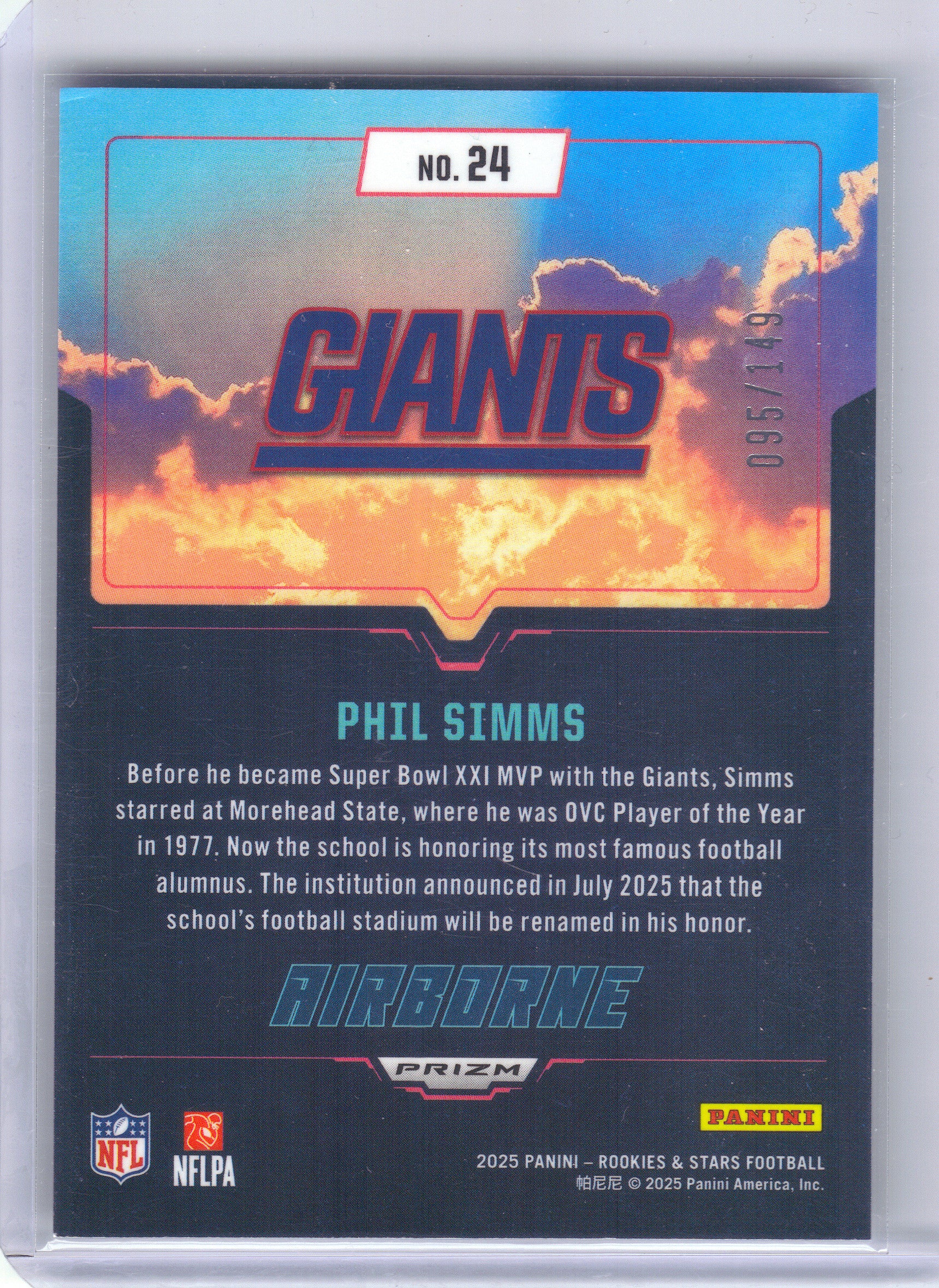 2025 Panini Rookies & Stars #24 Phil Simms Airborne White #/149 New York Giants SN