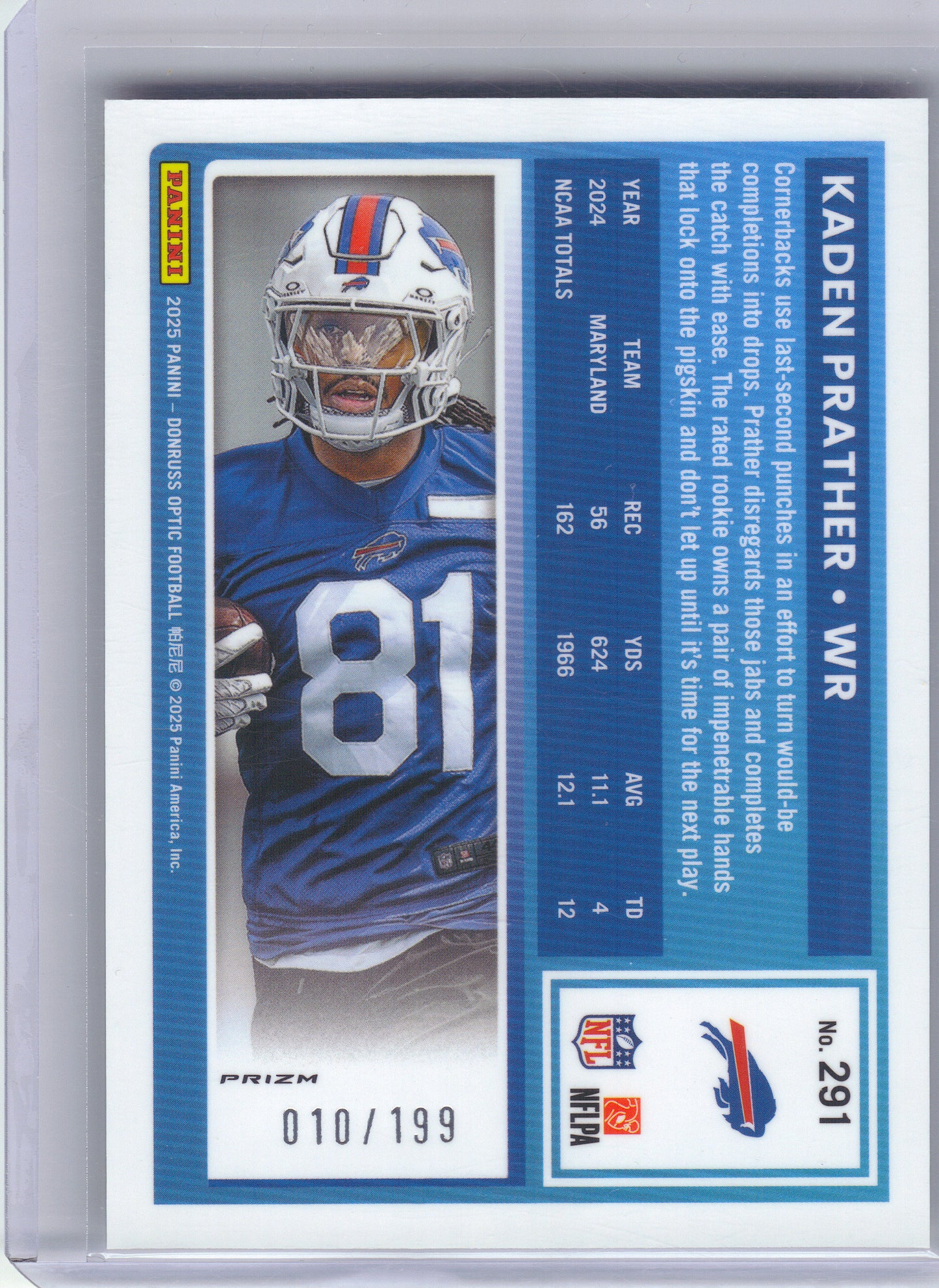 2025 Donruss Optic #291 Kaden Prather Flex #/199 Buffalo Bills SN,RC