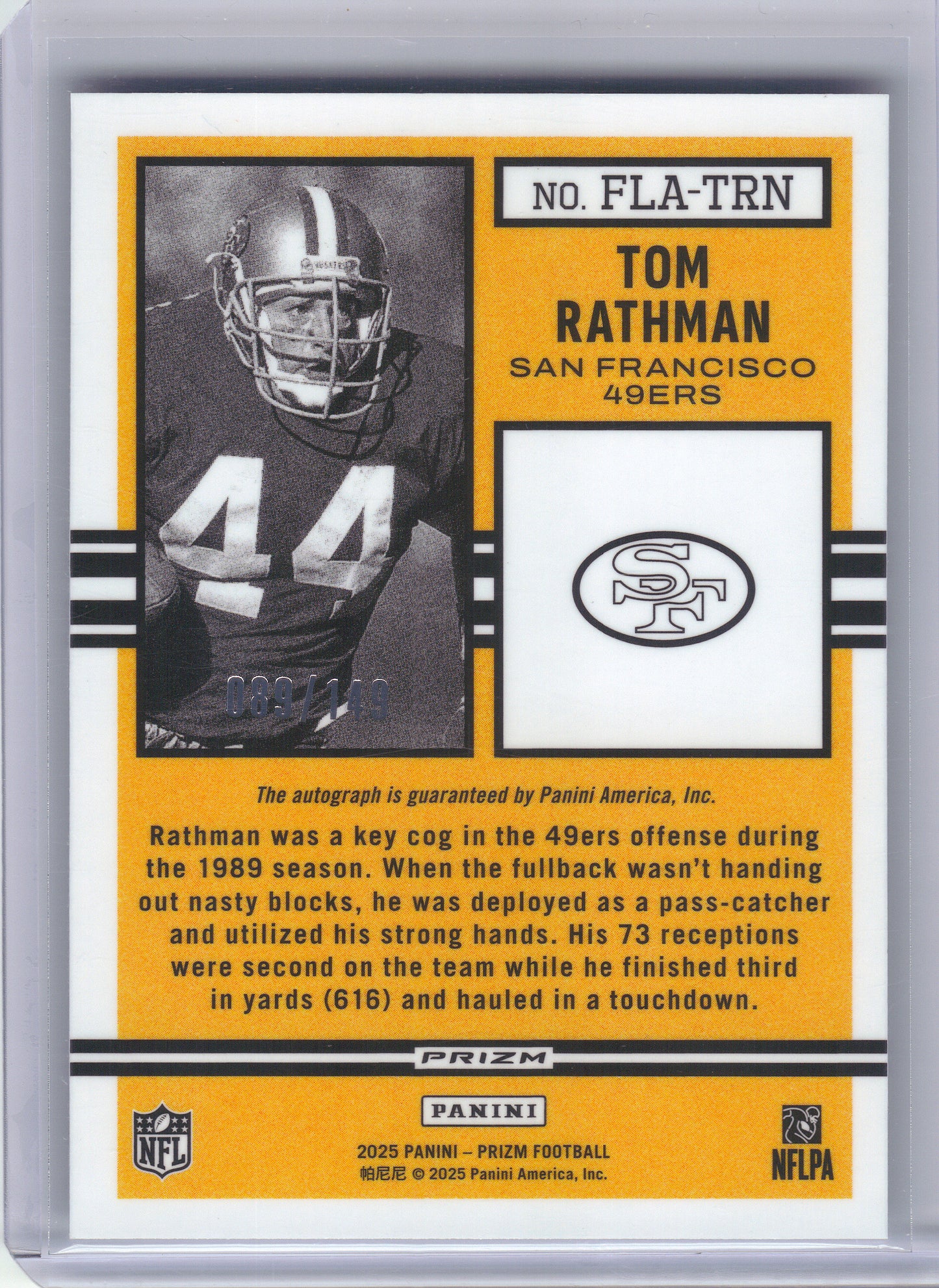 2025 Panini Prizm #FLA-TRN Tom Rathman Flashback Autographs #/149 San Francisco 49ers SN,AU