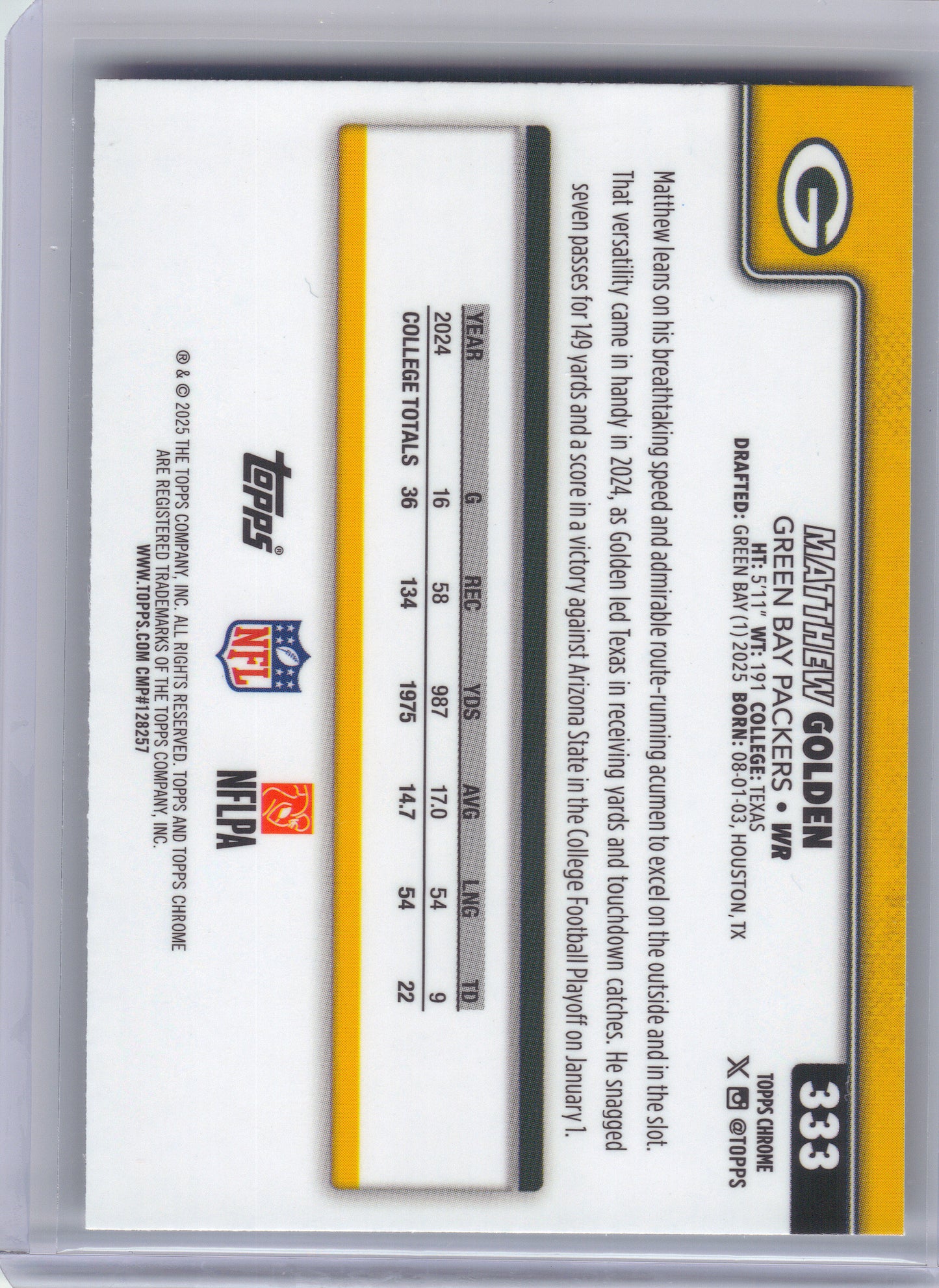 2025 Topps Chrome #333 Matthew Golden Green Bay Packers RC