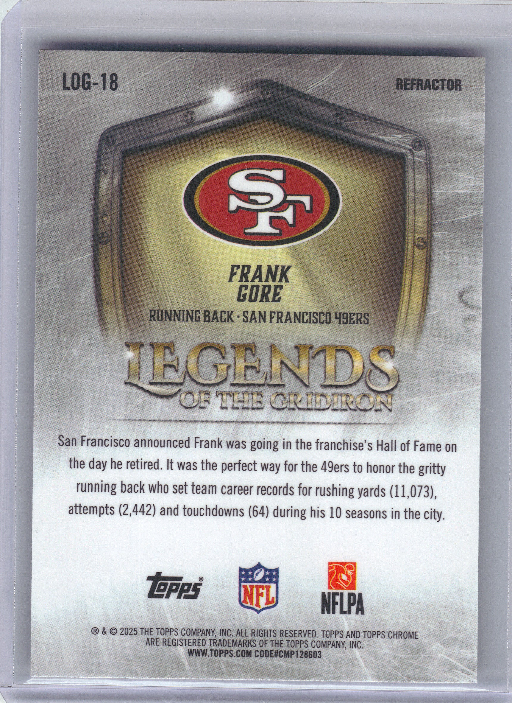 2025 Topps Chrome #LOG-18 Frank Gore Legends of the Gridiron Refractor San Francisco 49ers