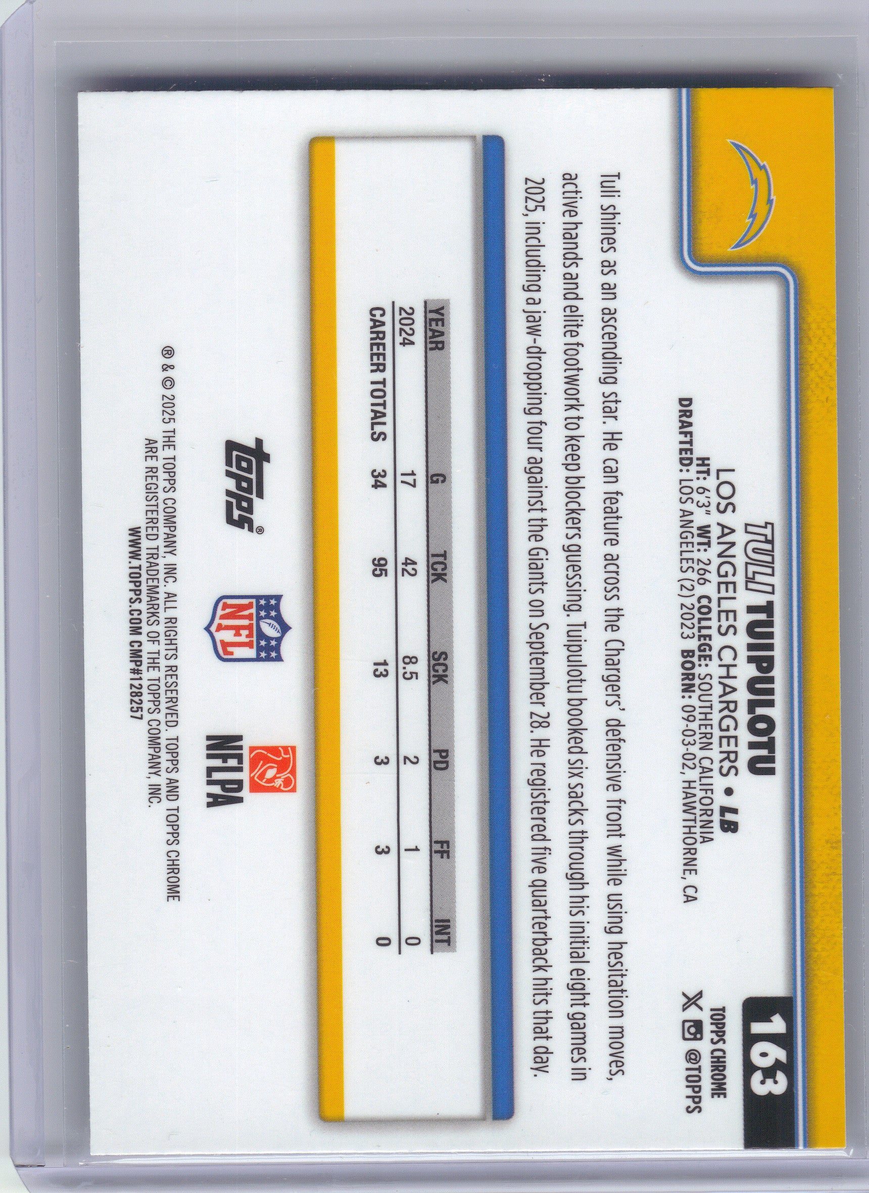 2025 Topps Chrome #163 Tuli Tuipulotu Prism Refractor Los Angeles Chargers