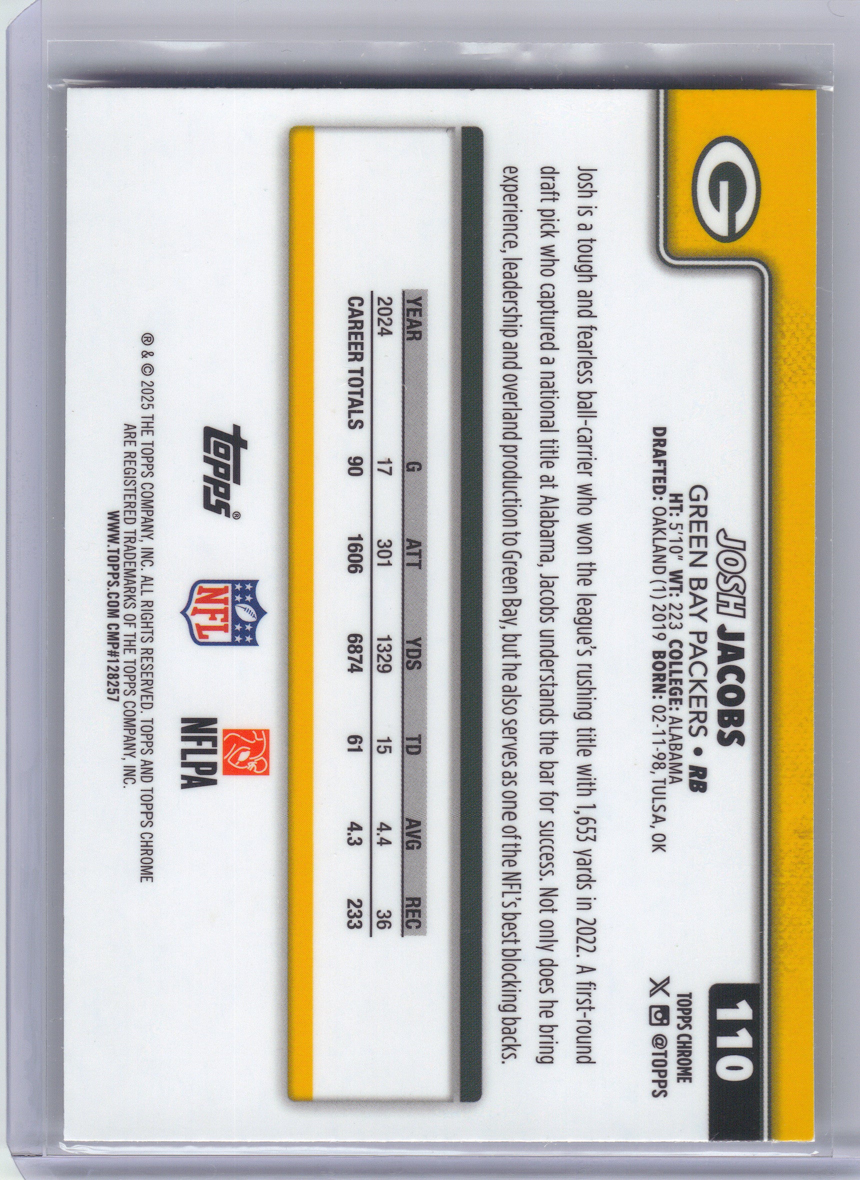 2025 Topps Chrome #110 Josh Jacobs Football Leather Refractor Green Bay Packers