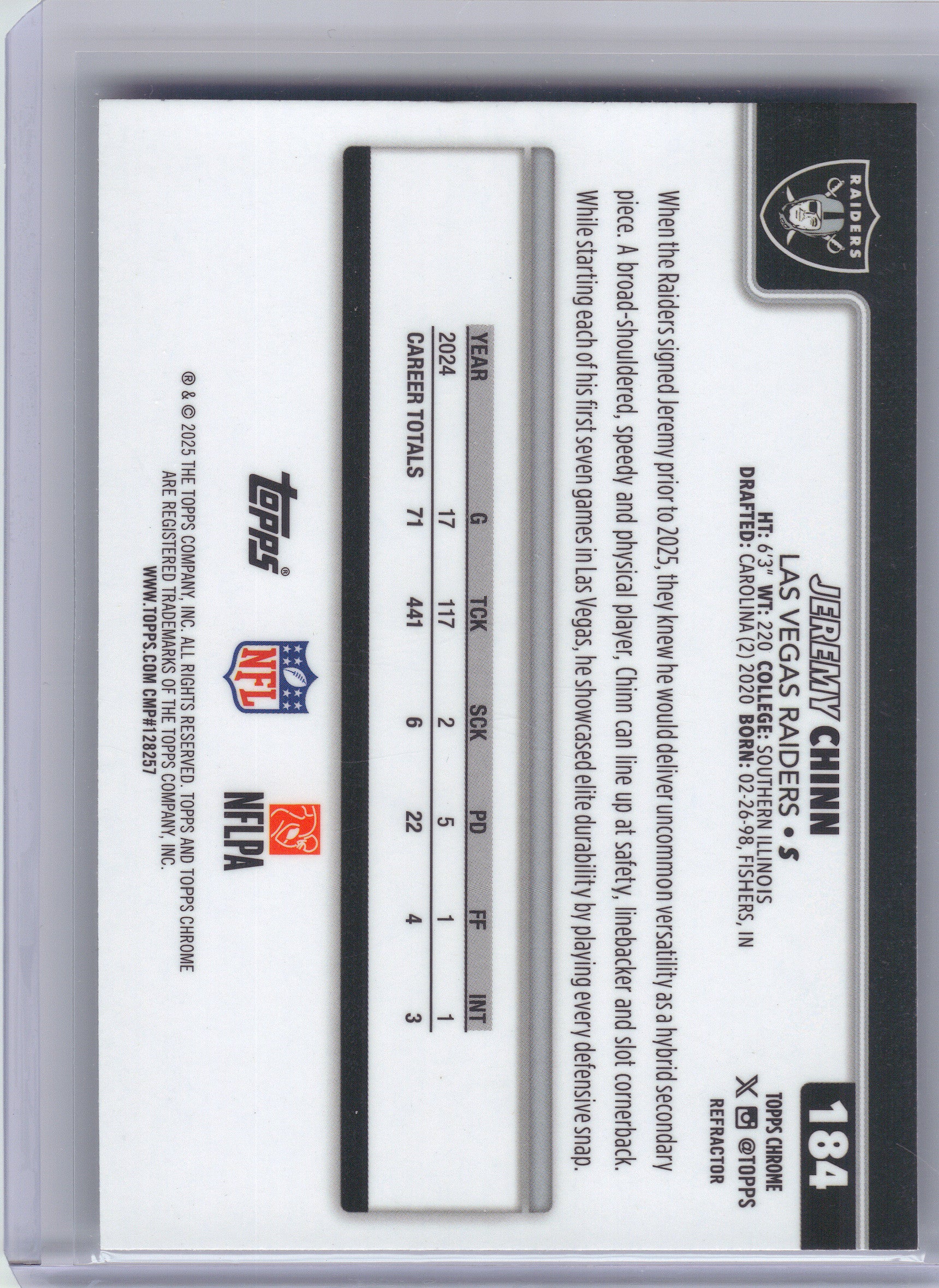2025 Topps Chrome #184 Jeremy Chinn Refractor Las Vegas Raiders