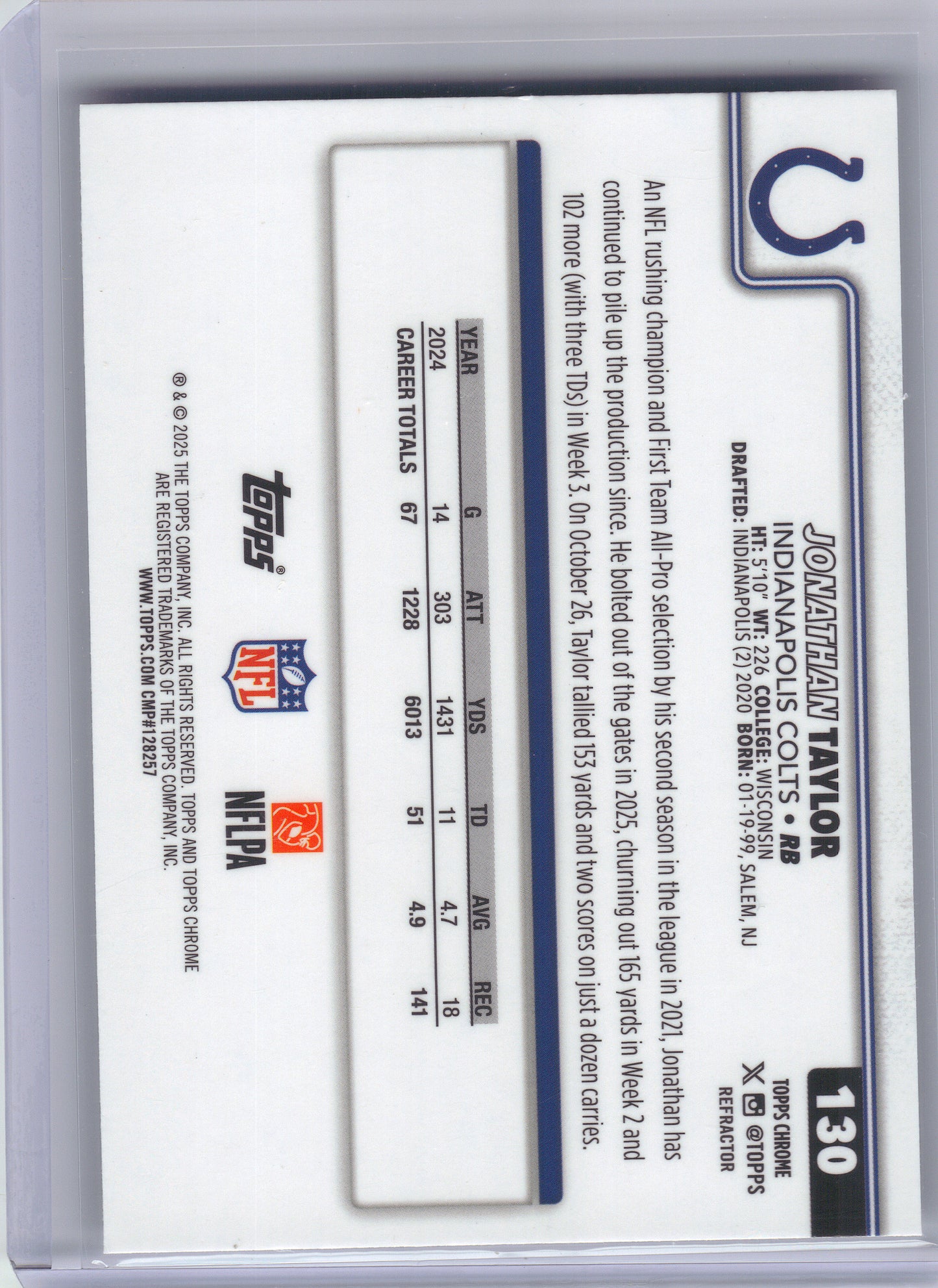 2025 Topps Chrome #130 Jonathan Taylor Refractor Indianapolis Colts