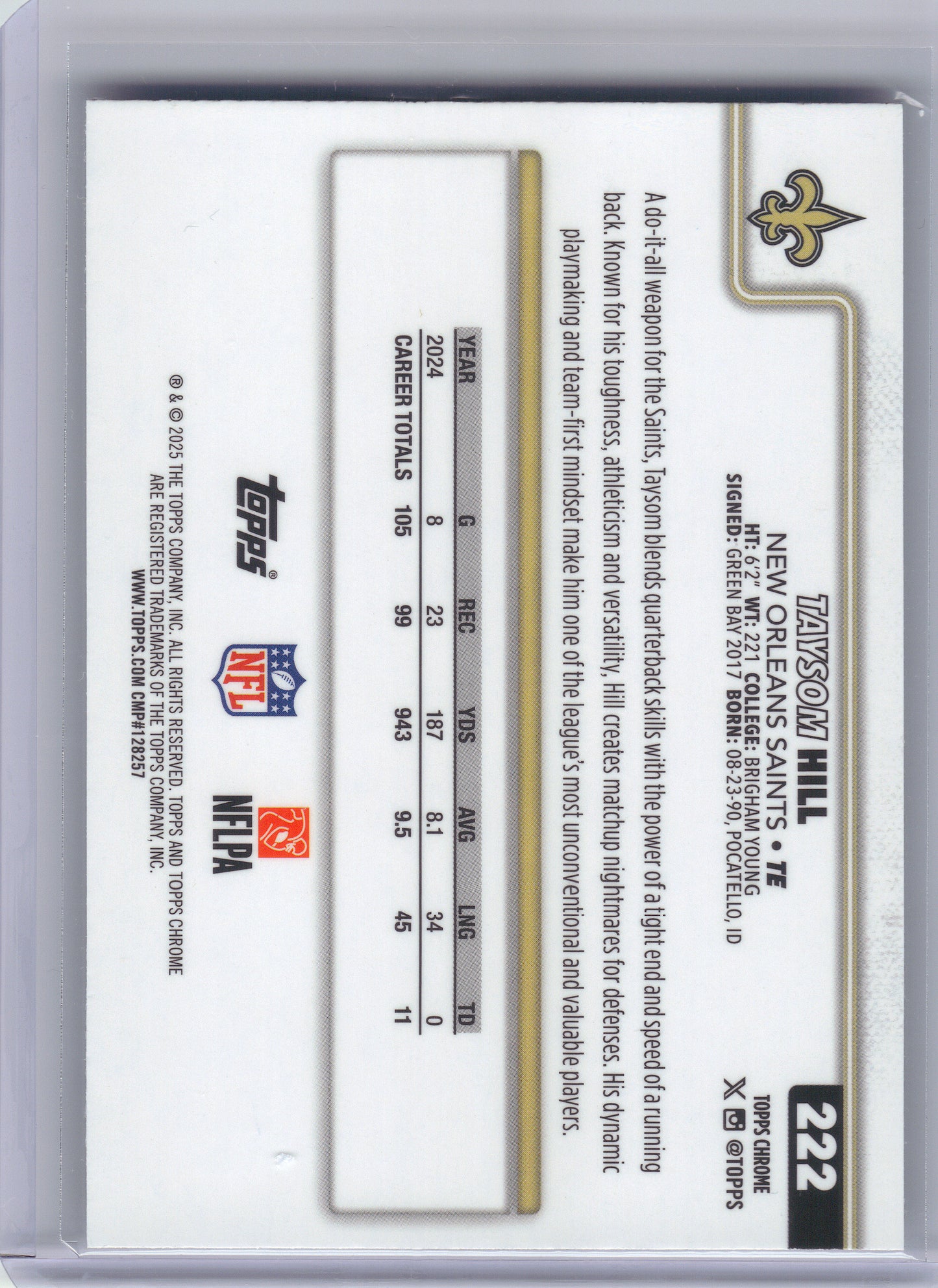 2025 Topps Chrome #222 Taysom Hill Prism Refractor New Orleans Saints