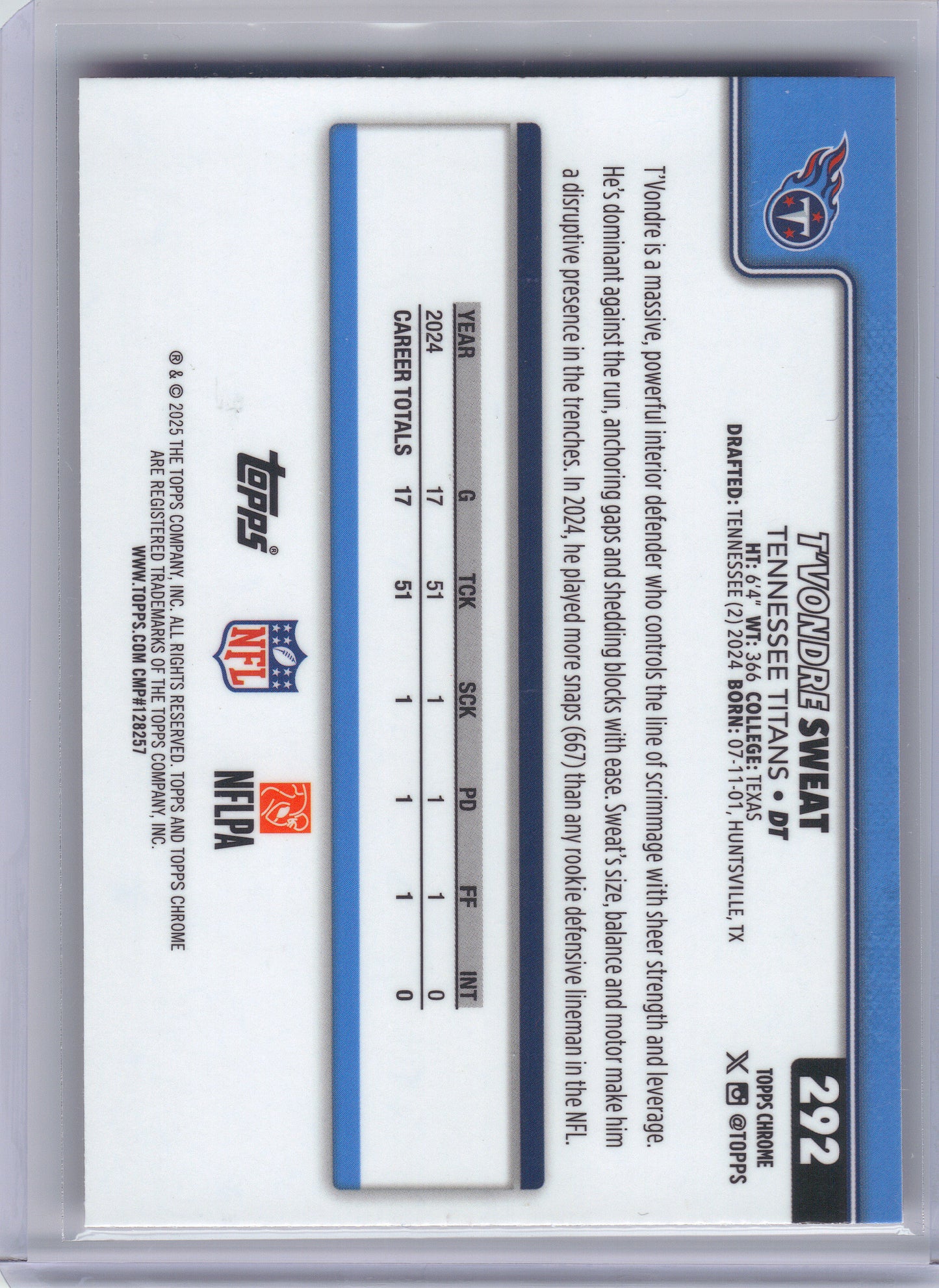 2025 Topps Chrome #292 T'Vondre Sweat Hot Pink X-Fractor Tennessee Titans