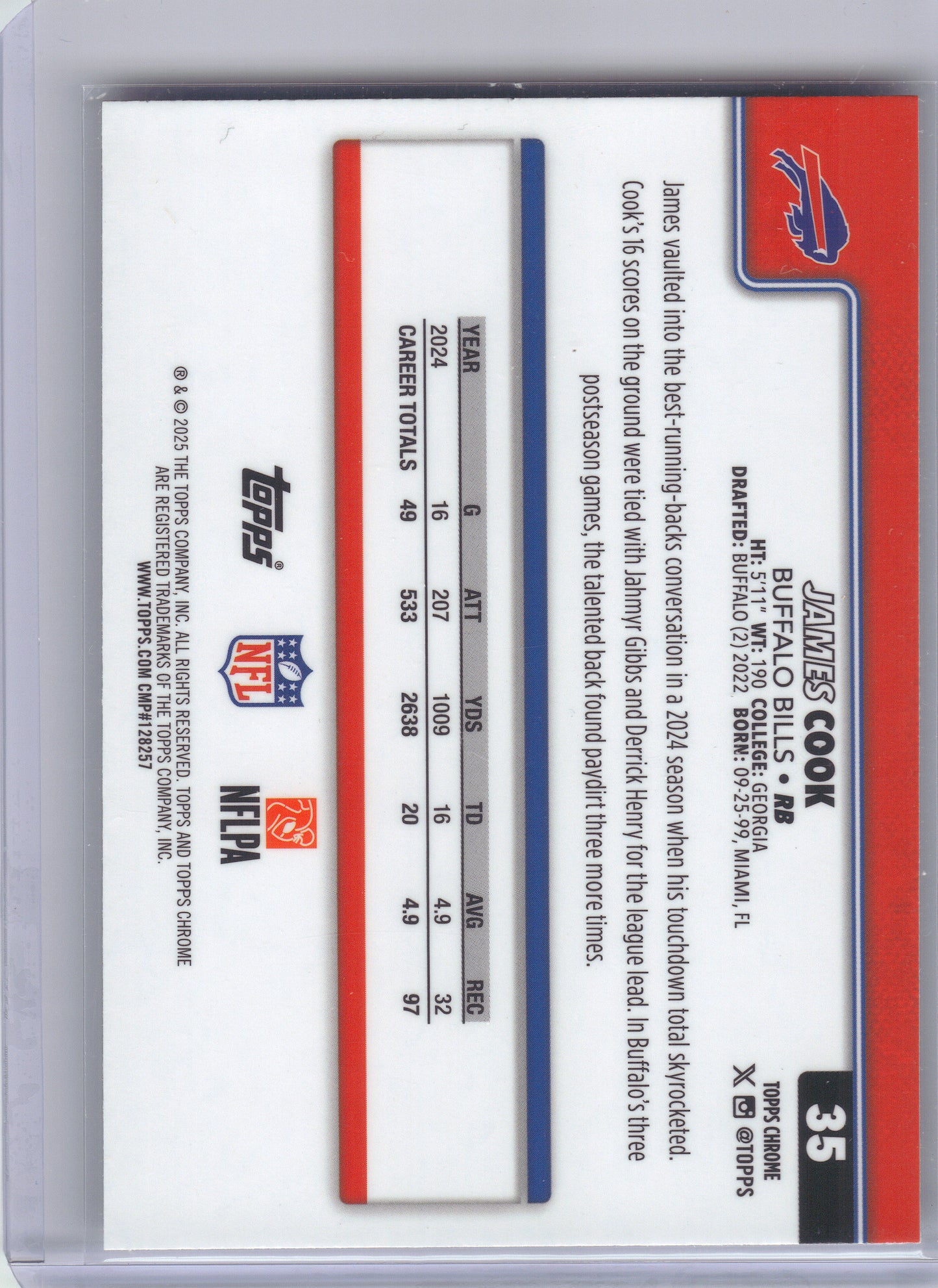2025 Topps Chrome #35 James Cook Prism Refractor Buffalo Bills