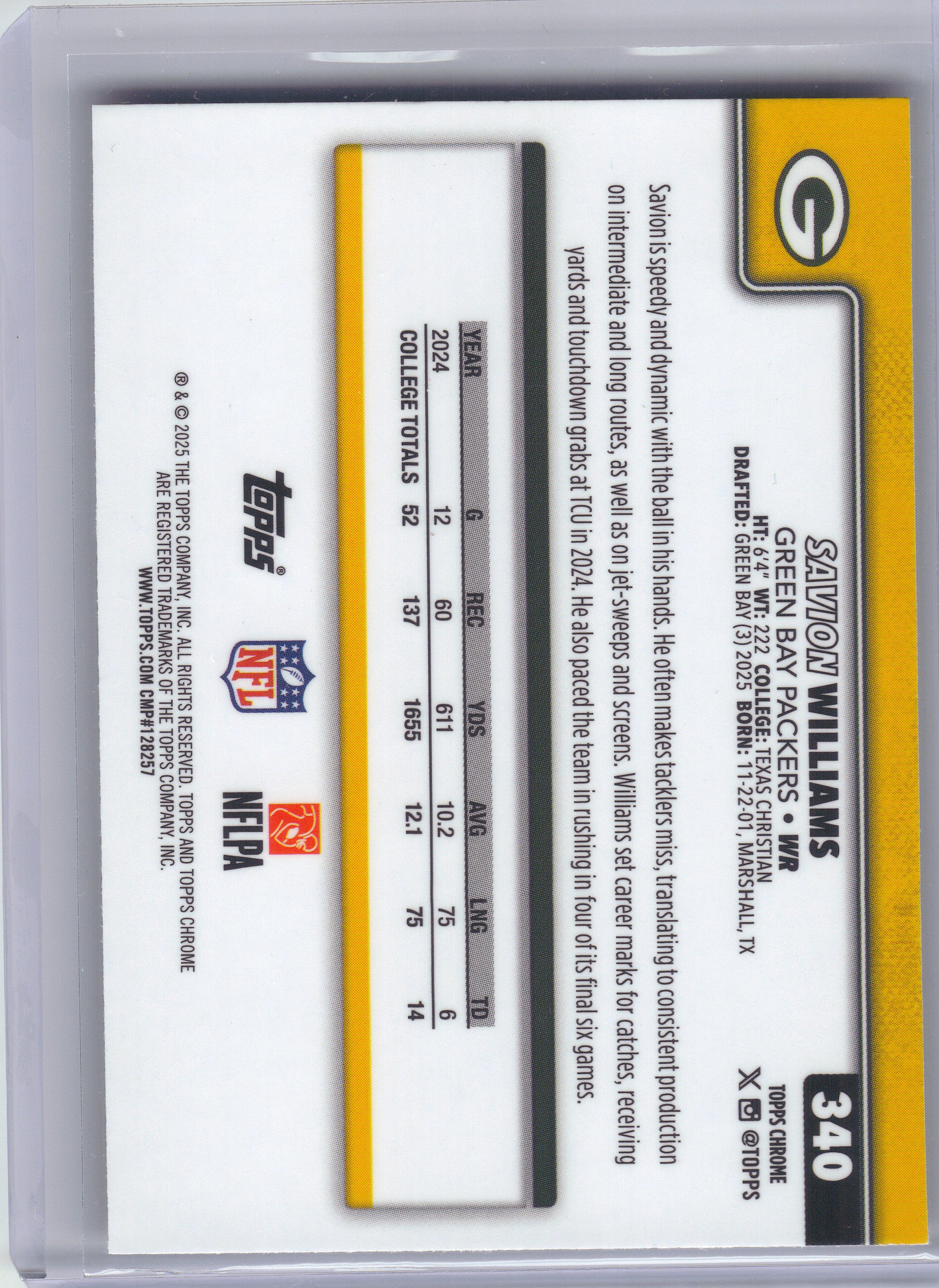2025 Topps Chrome #340 Savion Williams Football Leather Refractor Green Bay Packers RC