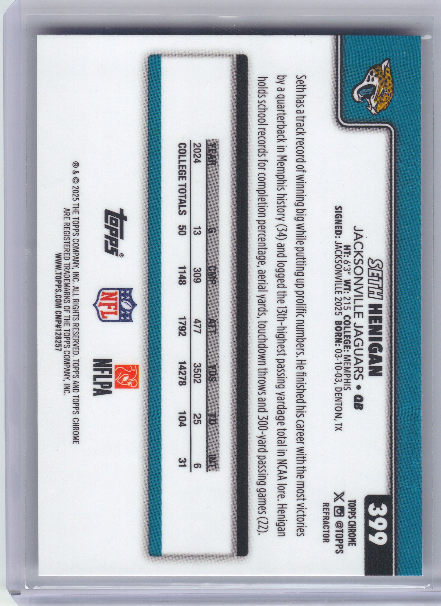 2025 Topps Chrome #399 Seth Henigan Refractor Jacksonville Jaguars RC