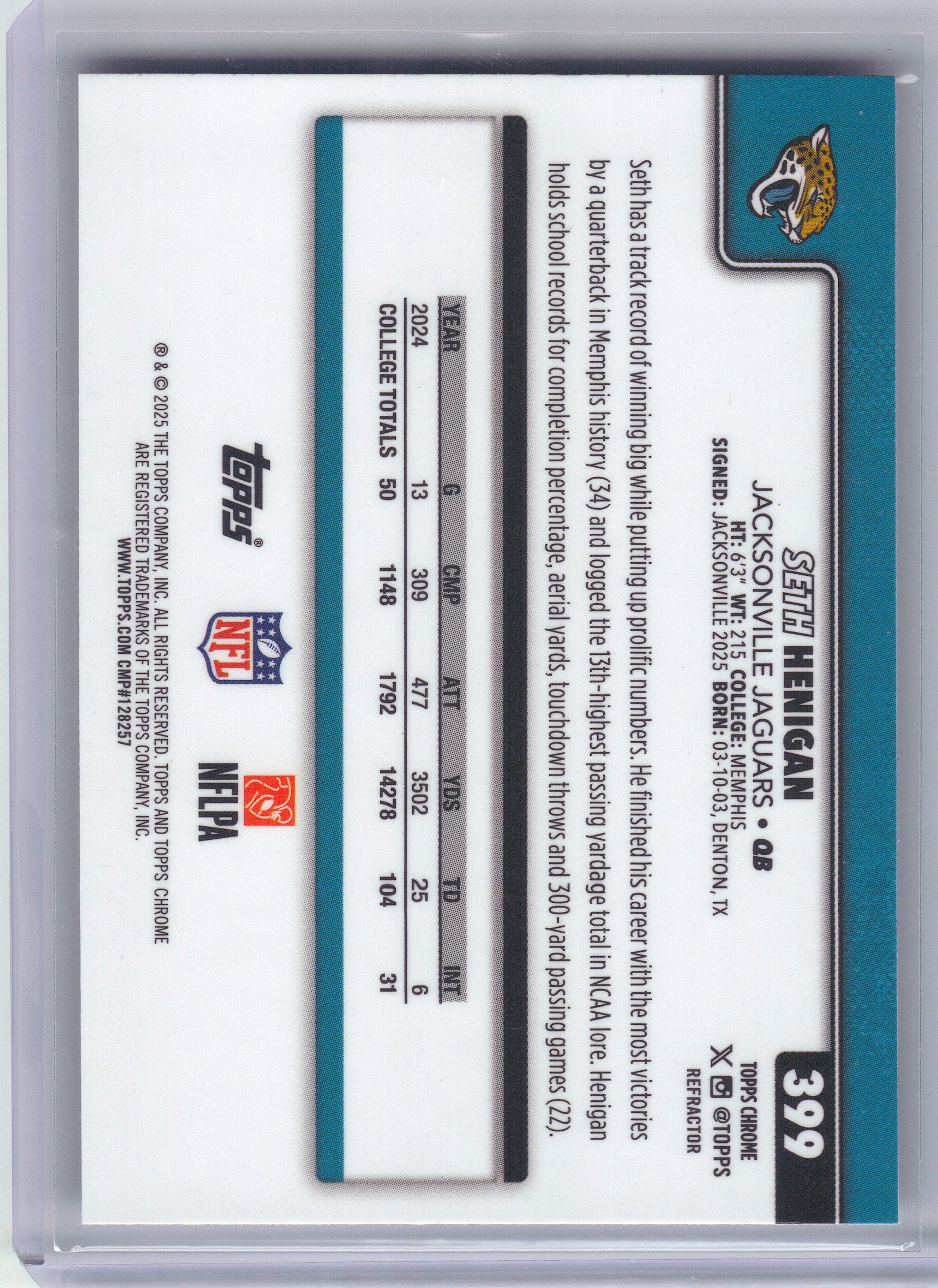 2025 Topps Chrome #399 Seth Henigan Refractor Jacksonville Jaguars RC