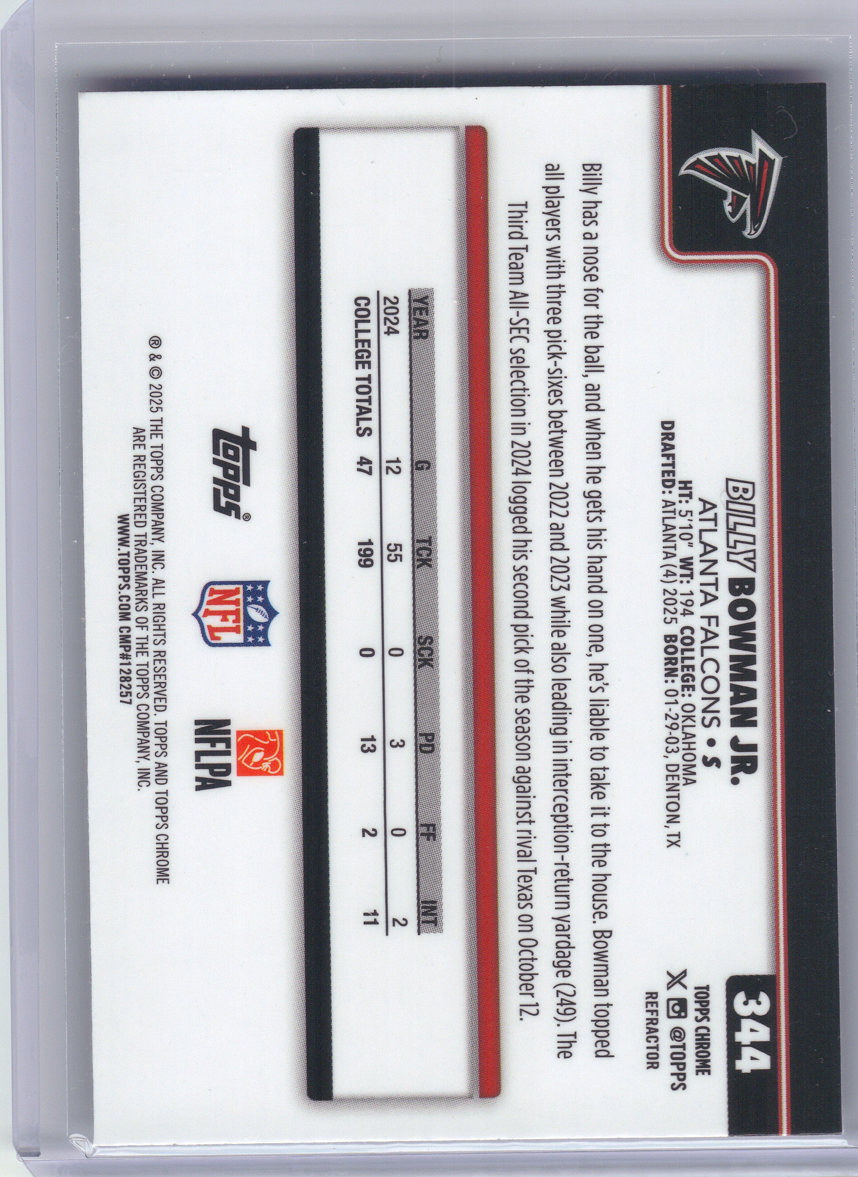 2025 Topps Chrome #344 Billy Bowman Jr. Refractor Atlanta Falcons RC