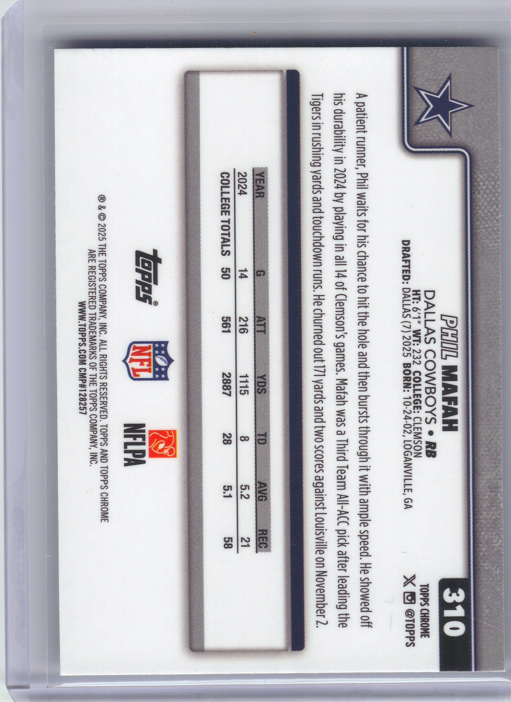 2025 Topps Chrome #310 Phil Mafah X-Fractor Dallas Cowboys RC