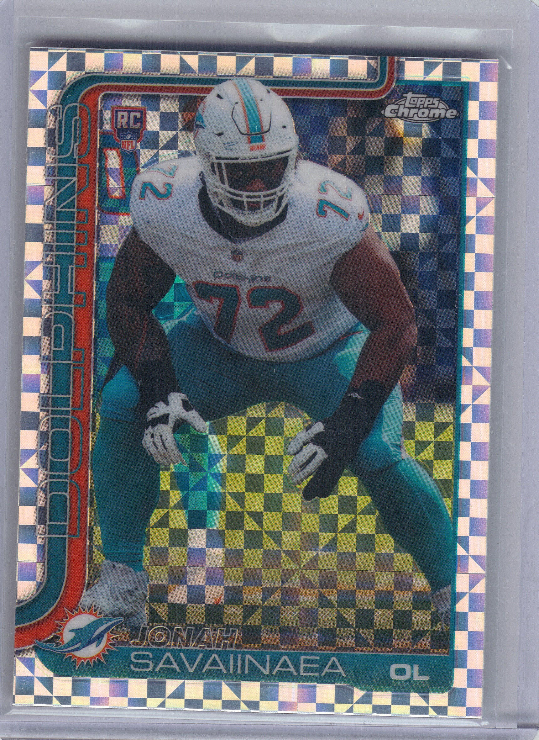 2025 Topps Chrome #380 Jonah Savaiinaea X-Fractor Miami Dolphins RC
