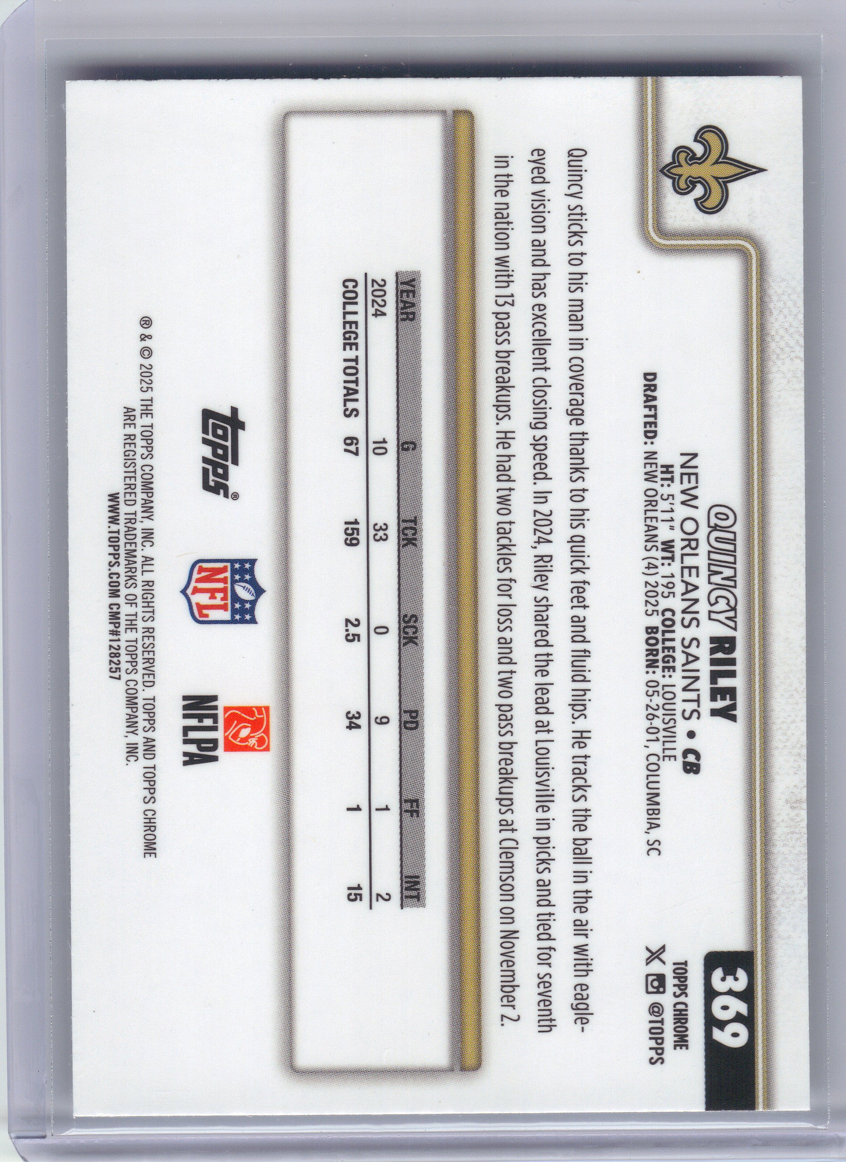 2025 Topps Chrome #369 Quincy Riley Lime Green X-Fractor New Orleans Saints RC