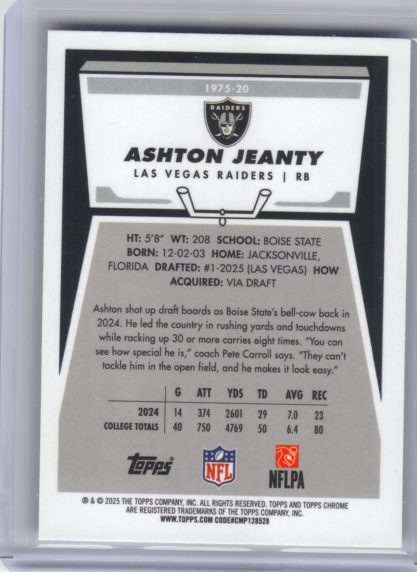 2025 Topps Chrome #1975-20 Ashton Jeanty 1975 Topps Las Vegas Raiders