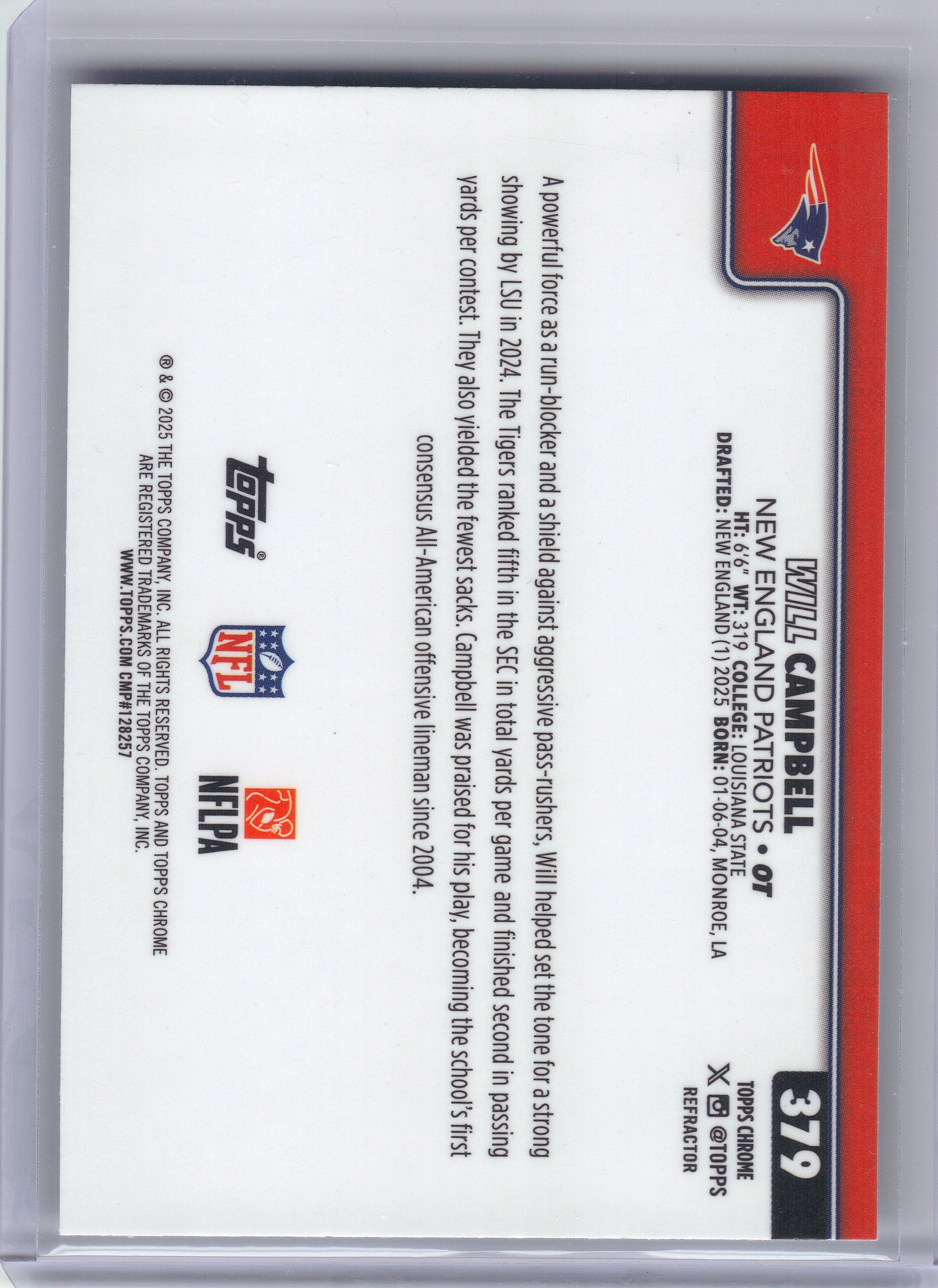 2025 Topps Chrome #379 Will Campbell Refractor New England Patriots RC