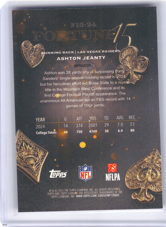 2025 Topps Chrome #F15-24 Ashton Jeanty Fortune 15 Refractor Las Vegas Raiders