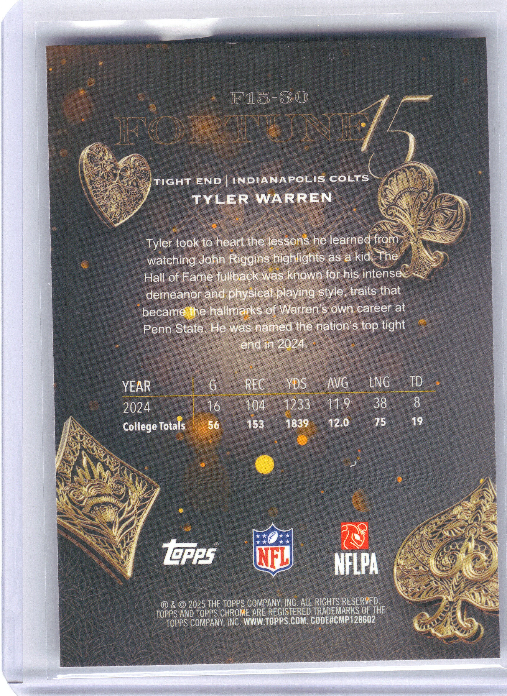 2025 Topps Chrome #F15-30 Tyler Warren Fortune 15 Indianapolis Colts