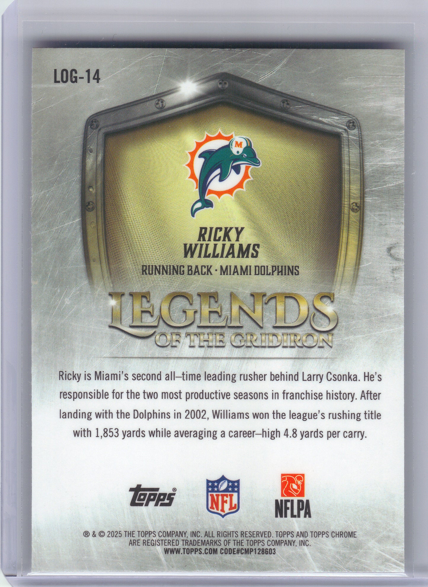 2025 Topps Chrome #LOG-14 Ricky Williams Legends of the Gridiron Miami Dolphins