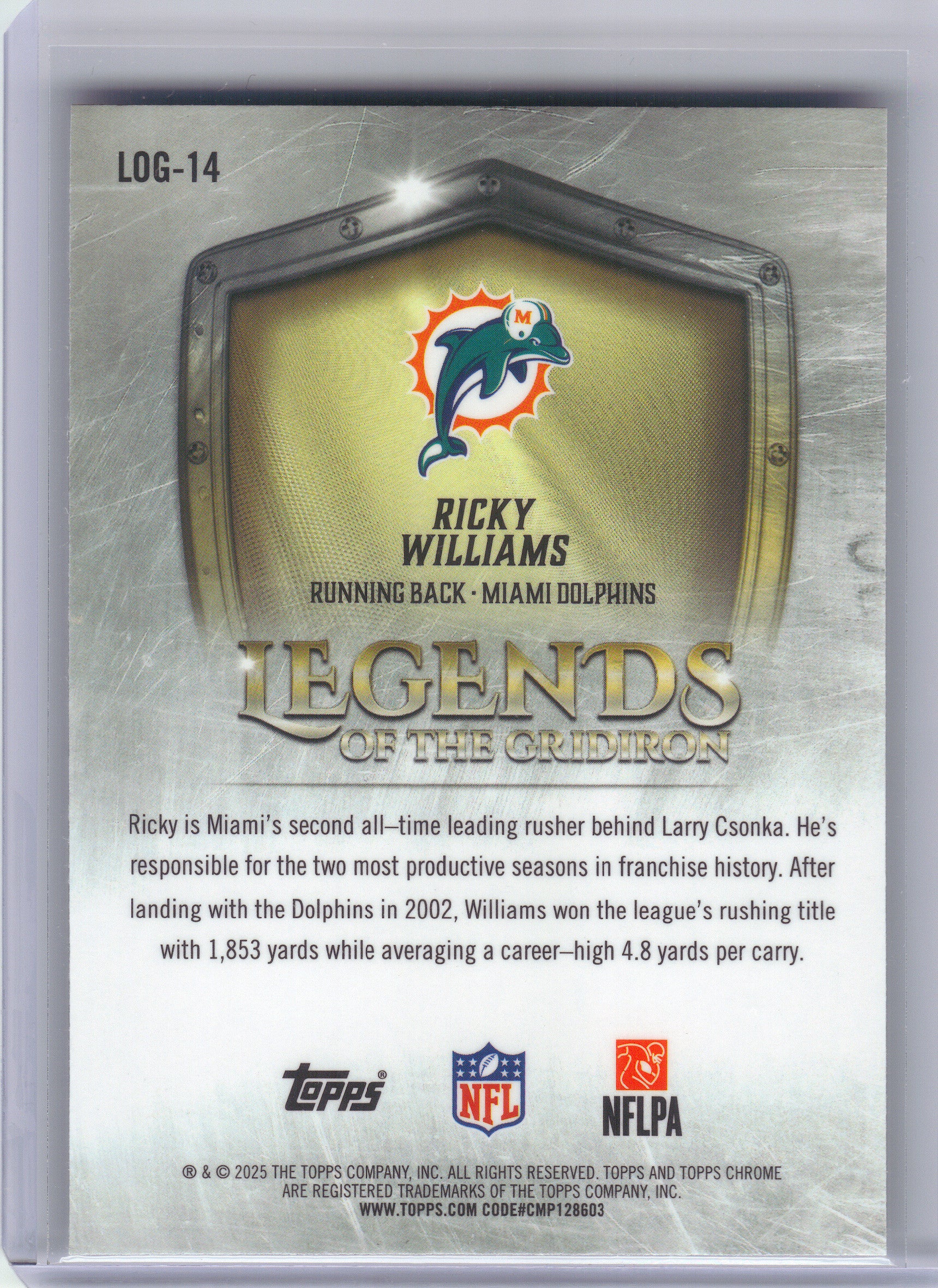 2025 Topps Chrome #LOG-14 Ricky Williams Legends of the Gridiron Miami Dolphins