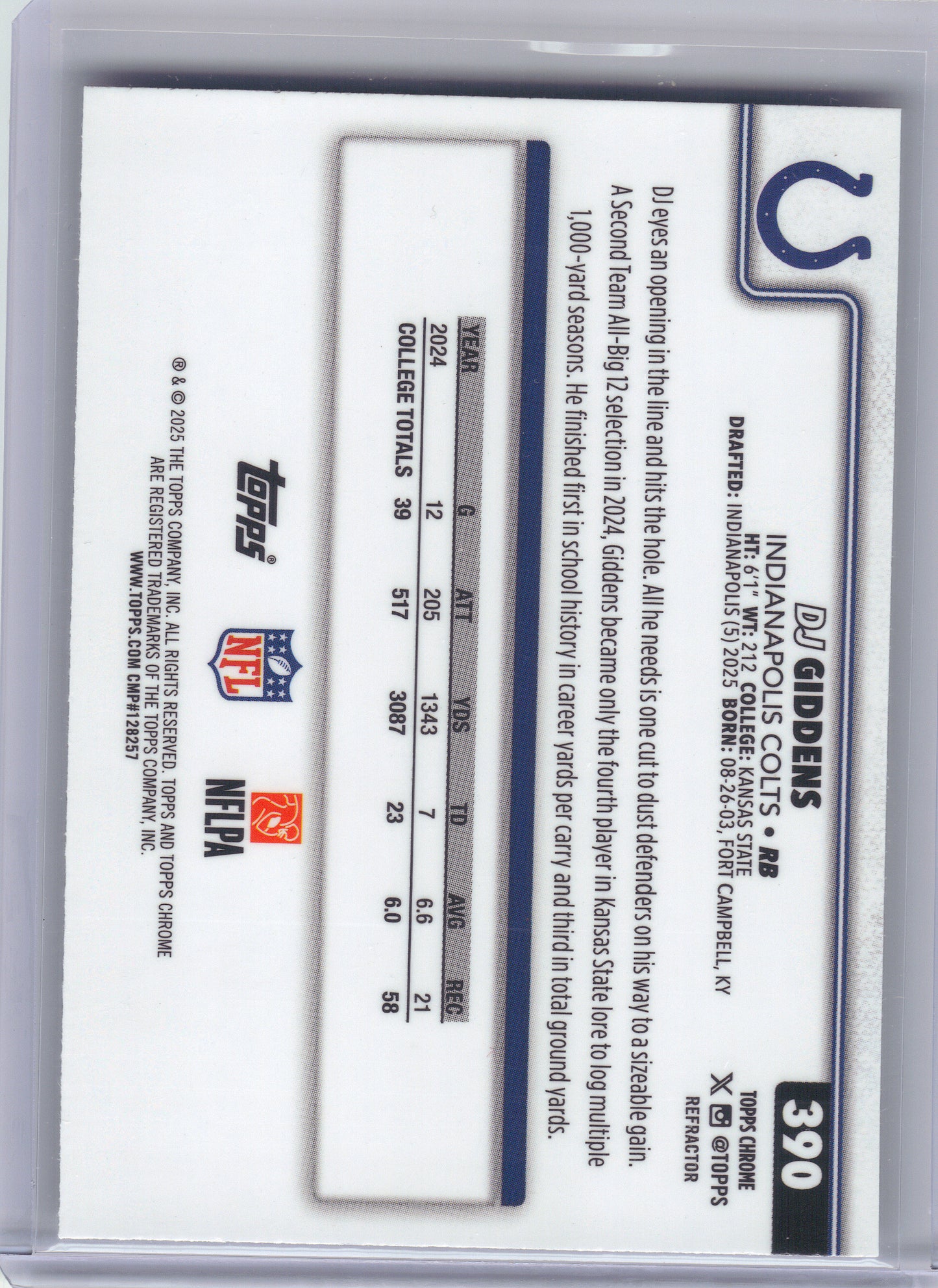 2025 Topps Chrome #390 DJ Giddens Refractor Indianapolis Colts RC