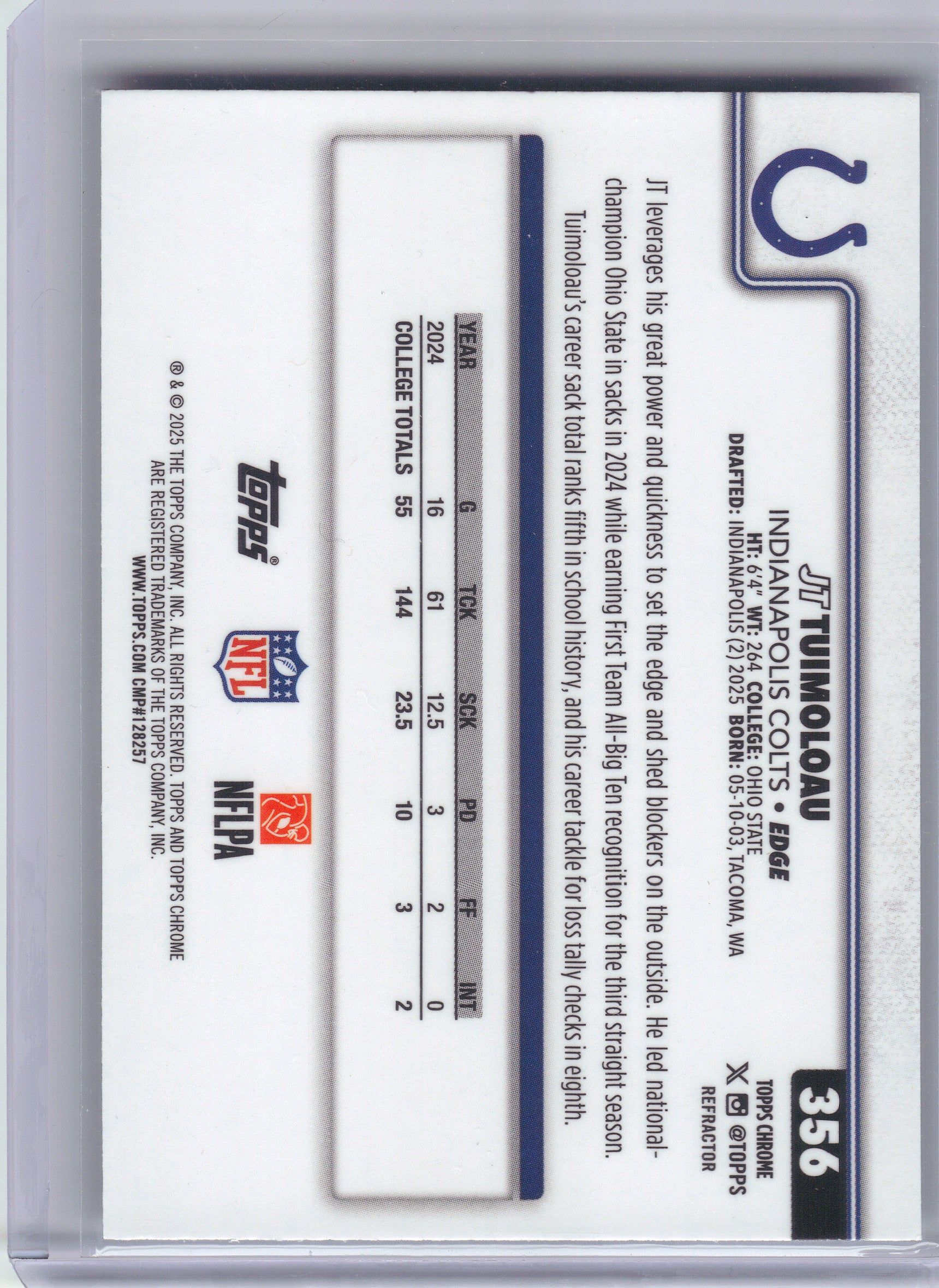 2025 Topps Chrome #356 JT Tuimoloau Refractor Indianapolis Colts RC
