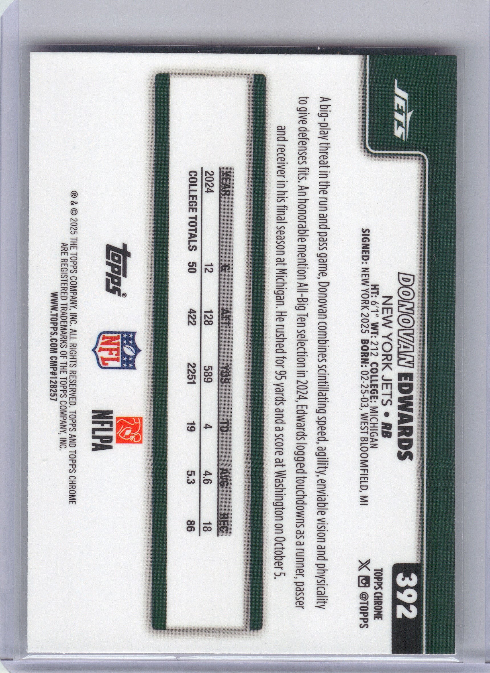 2025 Topps Chrome #392 Donovan Edwards X-Fractor New York Jets RC