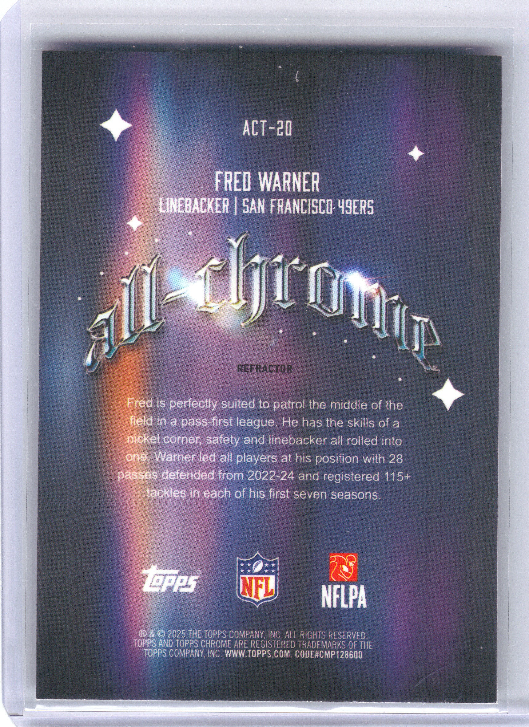 2025 Topps Chrome #ACT-20 Fred Warner All-Chrome Team Refractor San Francisco 49ers