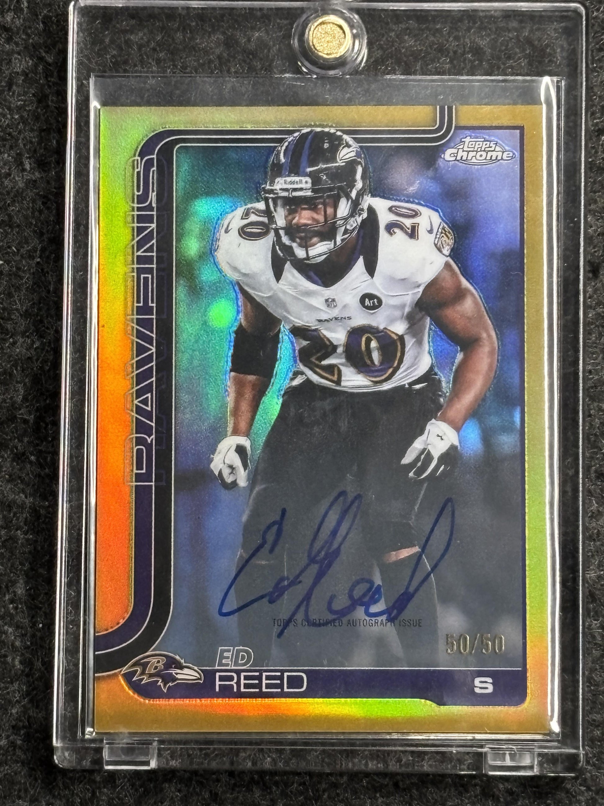 2025 Topps Chrome #CLA-ER Ed Reed Chrome Legends Autographs Gold Refractor Bookend Baltimore Ravens SN,AU
