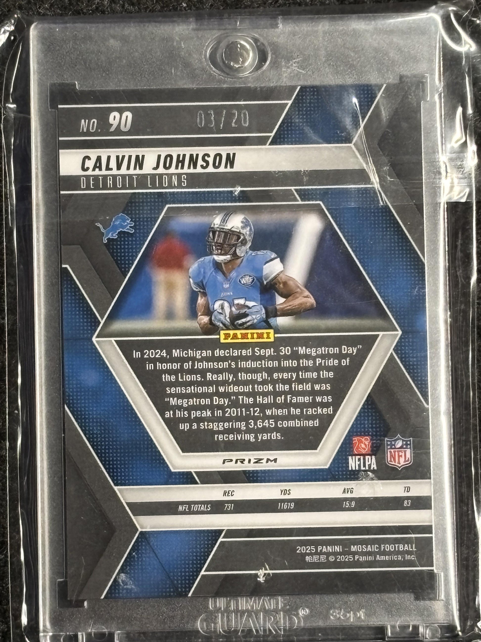 2025 Panini Mosaic #90 Calvin Johnson Mosaic Choice Cherry Blossom #/20 Detroit Lions SN