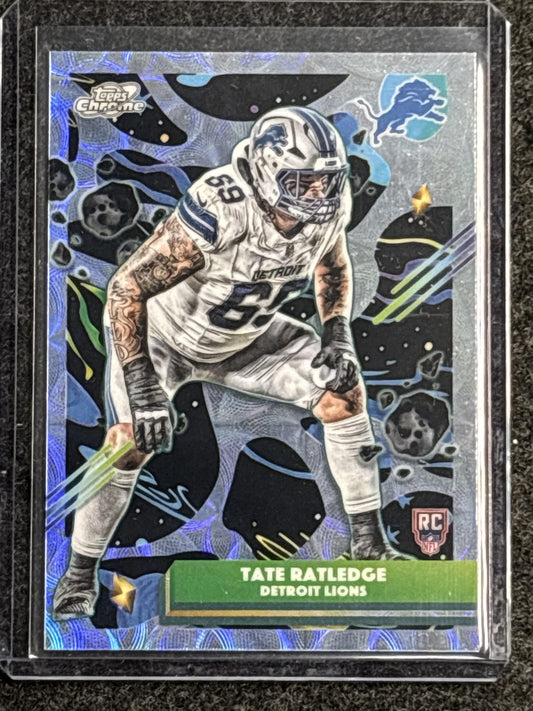 2025 Topps Chrome Cosmic #135 Tate Ratledge Nucleus Refractor Detroit Lions RC