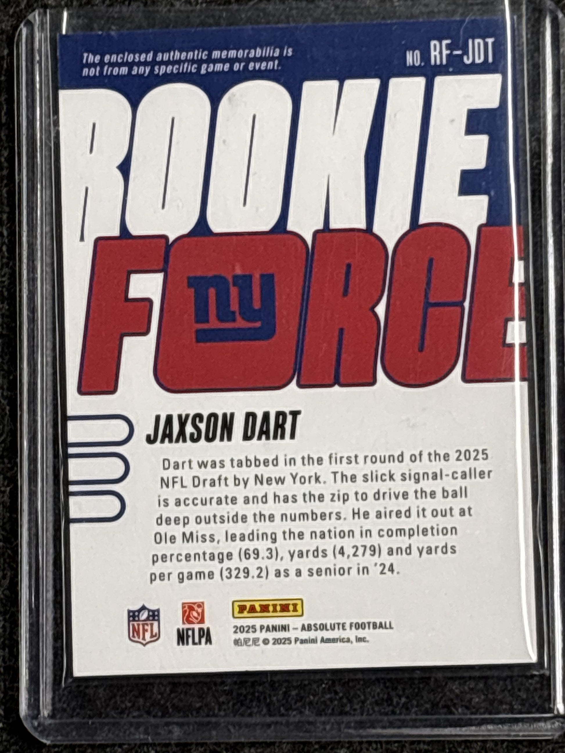 2025 Panini Absolute #RF-JDT Jaxson Dart Rookie Force New York Giants MEM