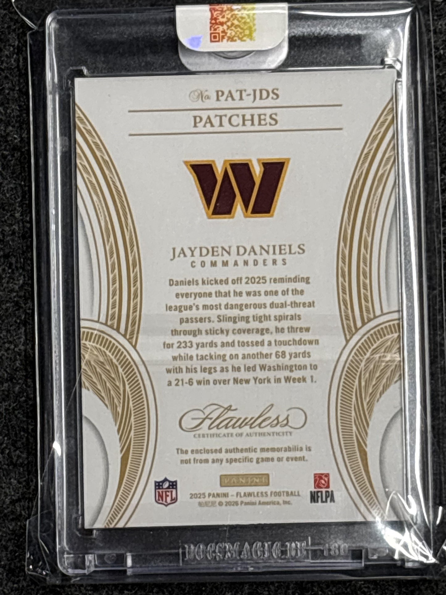 2025 Panini Flawless #PAT-JDS Jayden Daniels Patches Ruby #/15 Washington Commanders SN, MEM