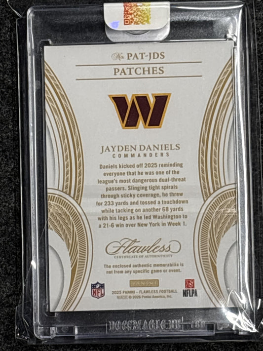 2025 Panini Flawless #PAT-JDS Jayden Daniels Patches Ruby #/15 Washington Commanders SN, MEM