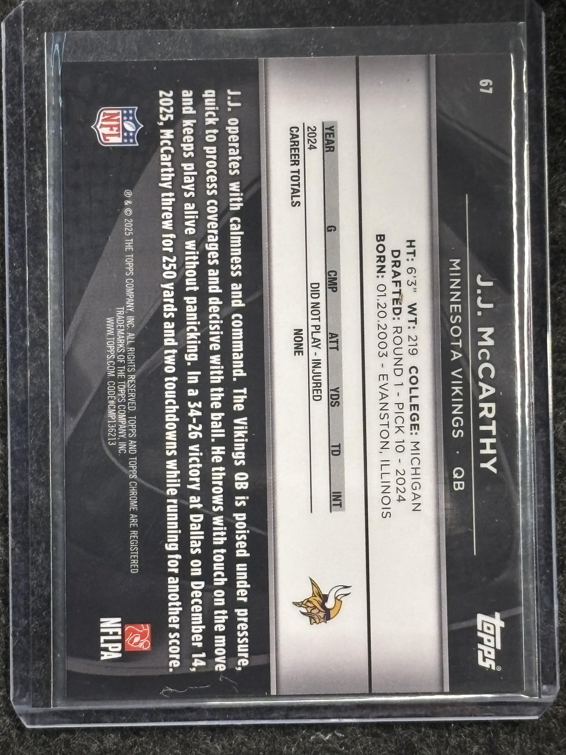 2025 Topps Chrome Black #67 J.J. McCarthy Minnesota Vikings