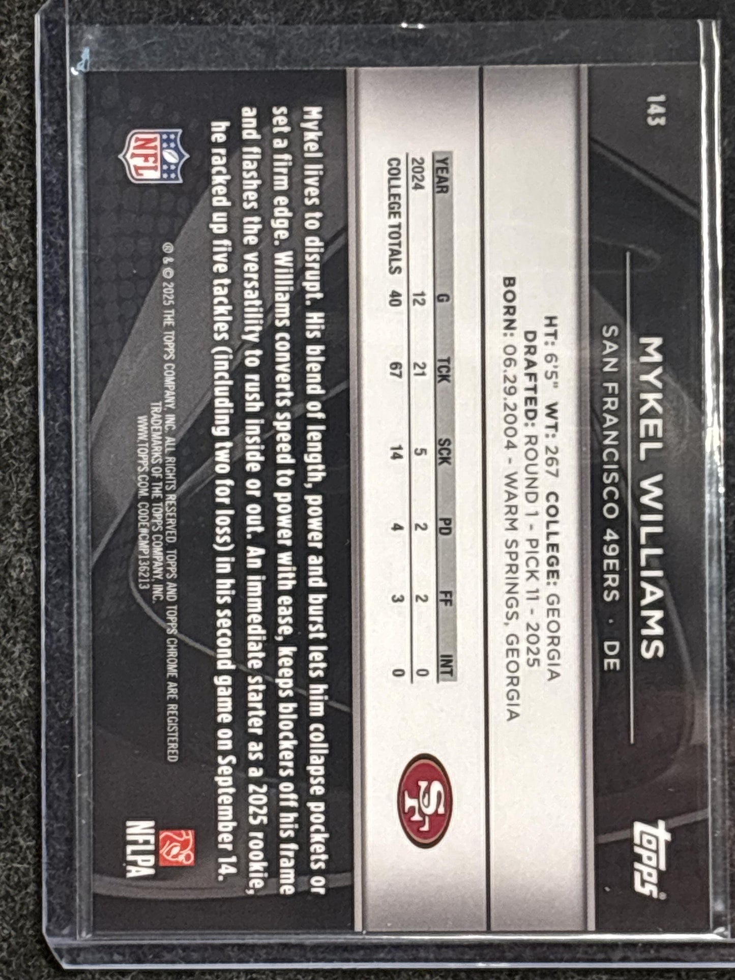 2025 Topps Chrome Black #143 Mykel Williams 49ers