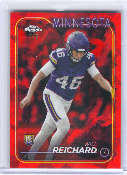 2024 Topps Chrome Sapphire Edition #277 Will Reichard Red Sapphire #/5 Minnesota Vikings SN, Rookie
