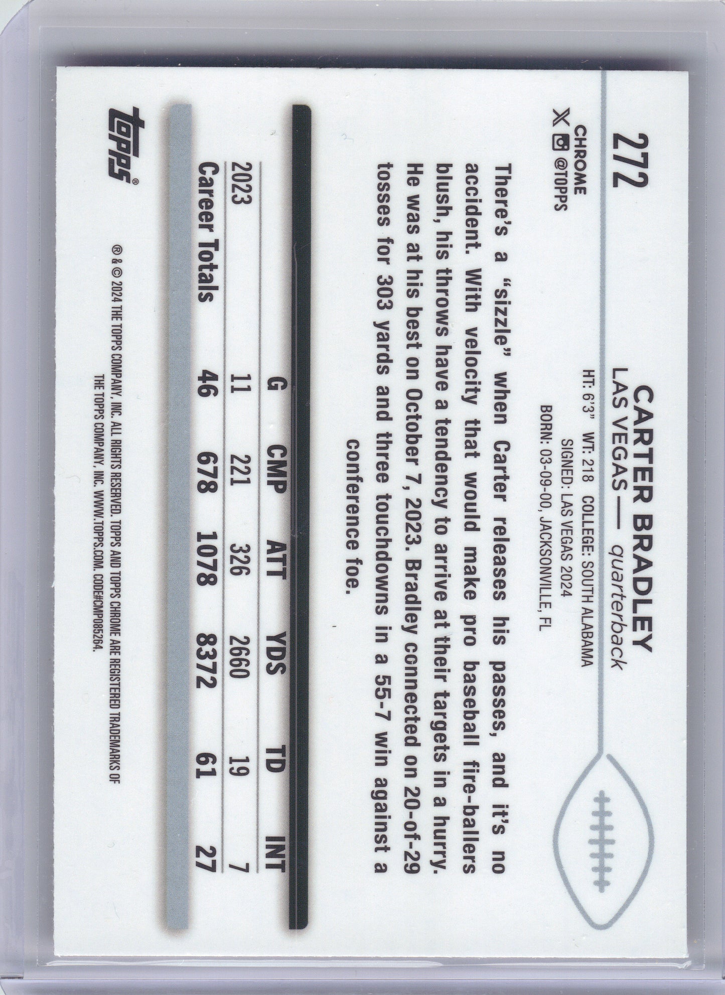 2024 Topps Chrome #272 Carter Bradley Magenta Refractor #/399 Las Vegas Raiders SN, Rookie