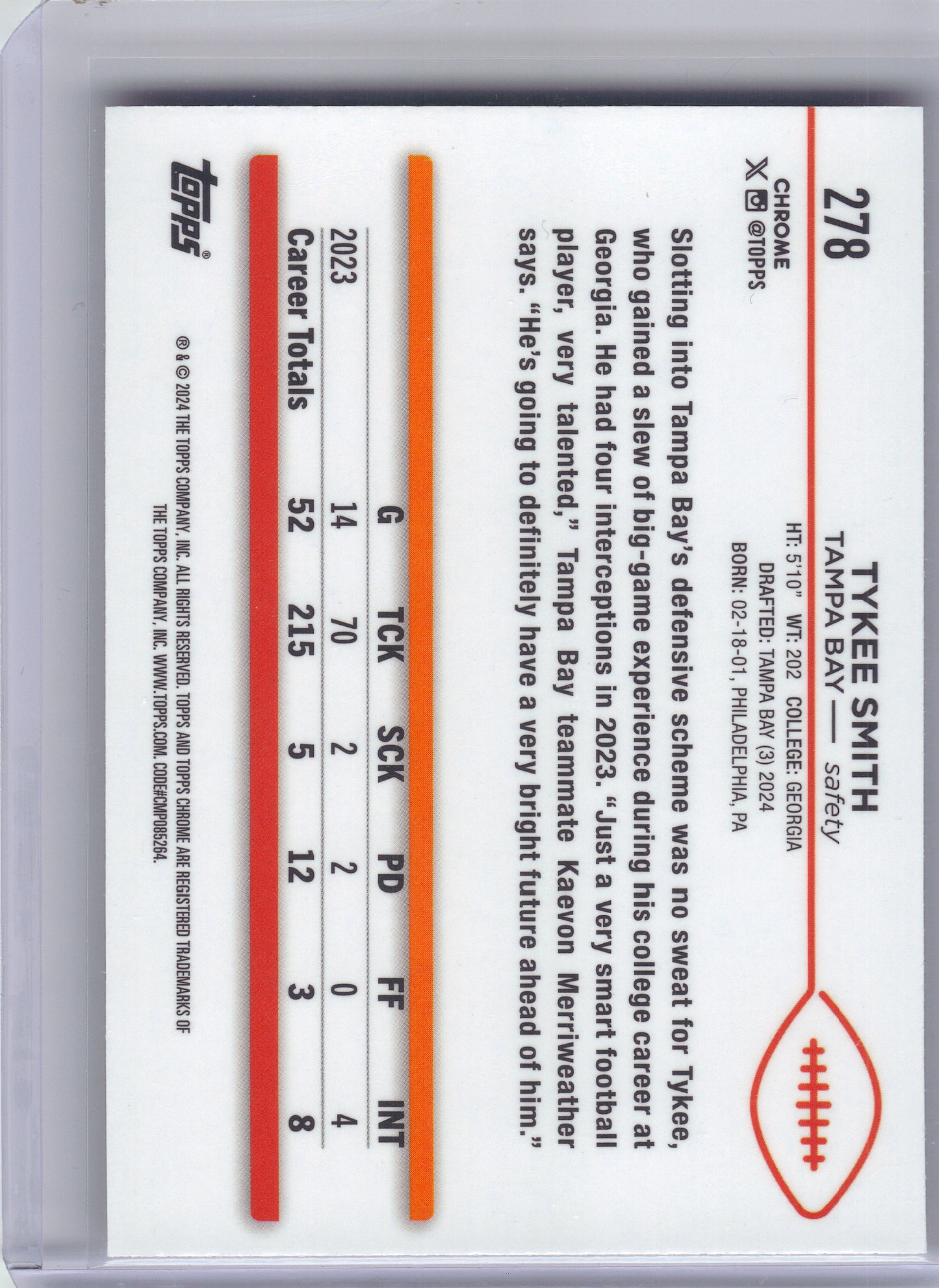 2024 Topps Chrome #278 Tykee Smith Magenta Speckle Refractor #/399 Tampa Bay Buccaneers SN, Rookie