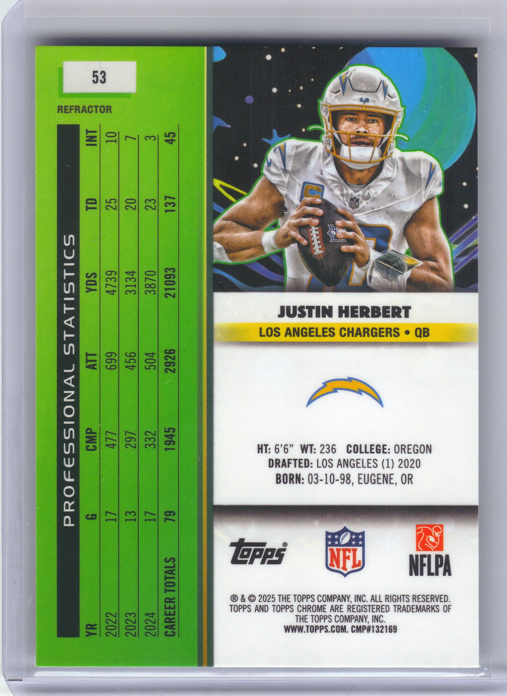 2025 Topps Chrome Cosmic #53 Justin Herbert Refractor Los Angeles Chargers