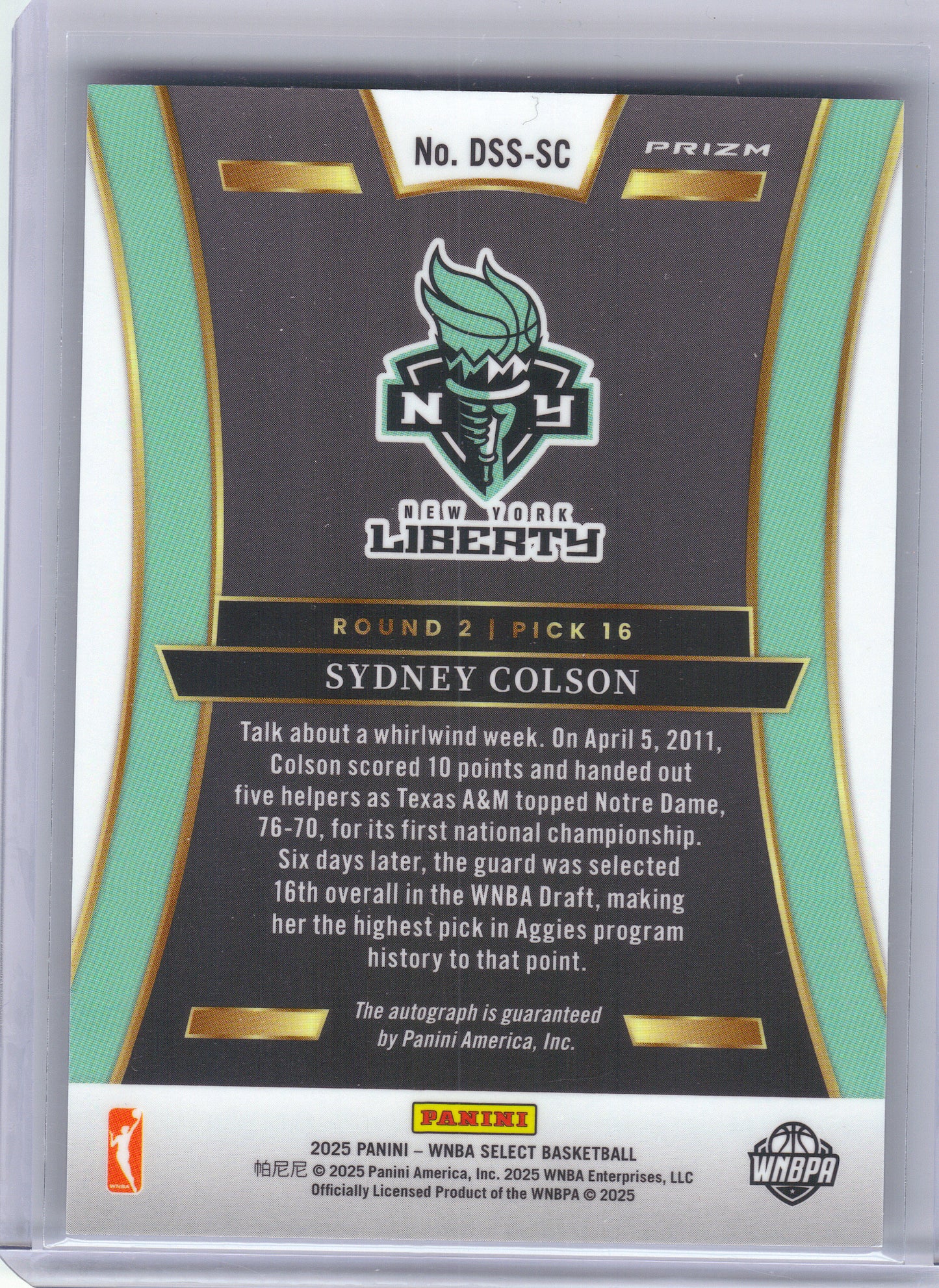 2025 Panini Select WNBA #DSS-SC Sydney Colson Indiana Fever Auto