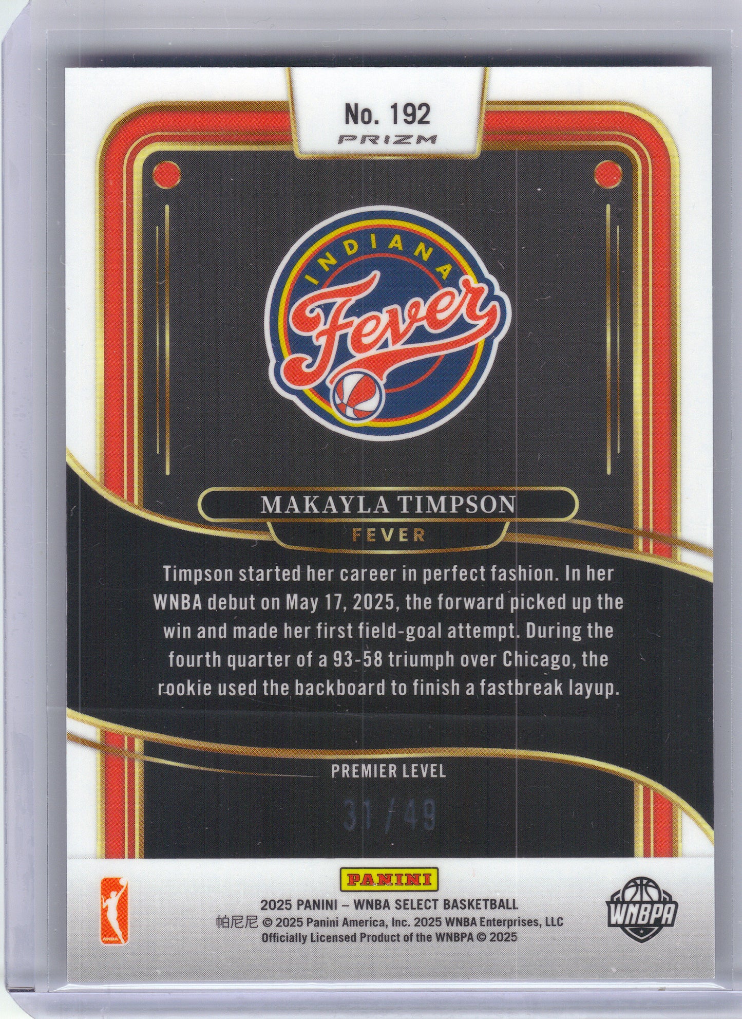 2025 Panini Select WNBA #192 Makayla Timpson Bronze Checker Prizms #/49 Indiana Fever SN