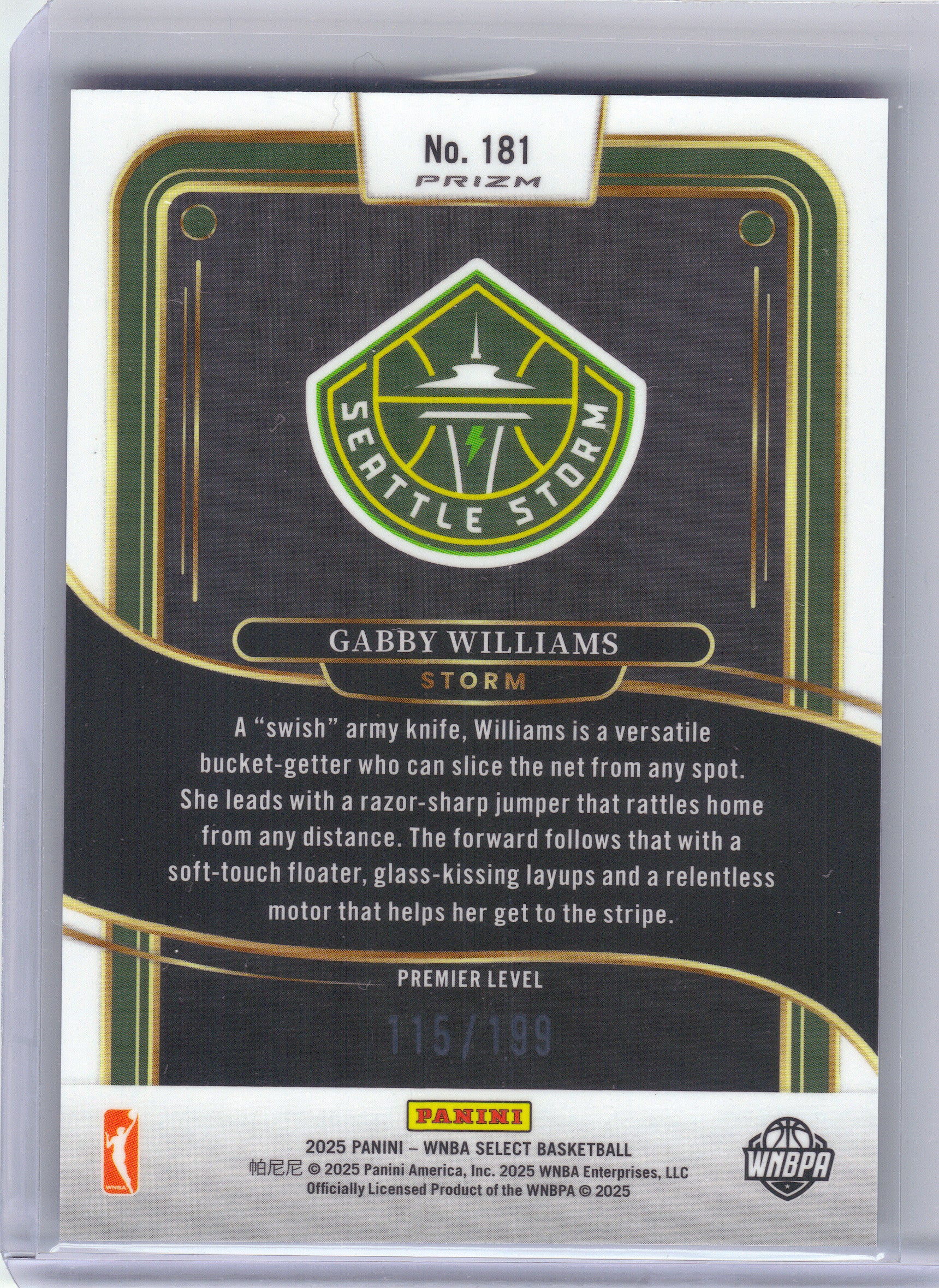 2025 Panini Select WNBA #181 Gabby Williams Blue Scope Prizms #/199 Seattle Storm SN