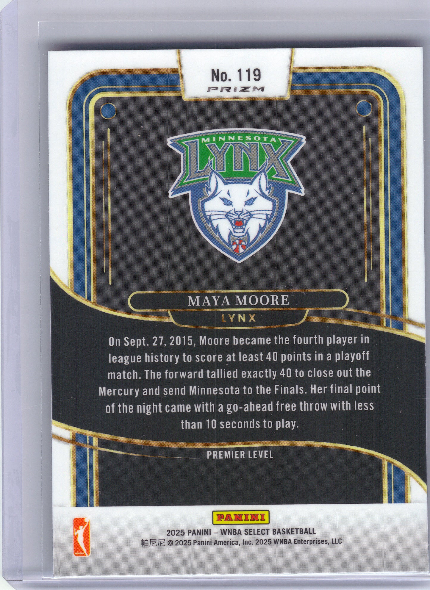 2025 Panini Select WNBA #119 Maya Moore Silver Prizms Minnesota Lynx