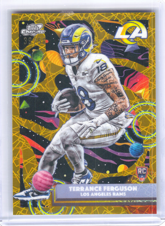 2025 Topps Chrome Cosmic #158 Terrance Ferguson Gold Interstellar Refractor #/50 Los Angeles Rams SN, Rookie