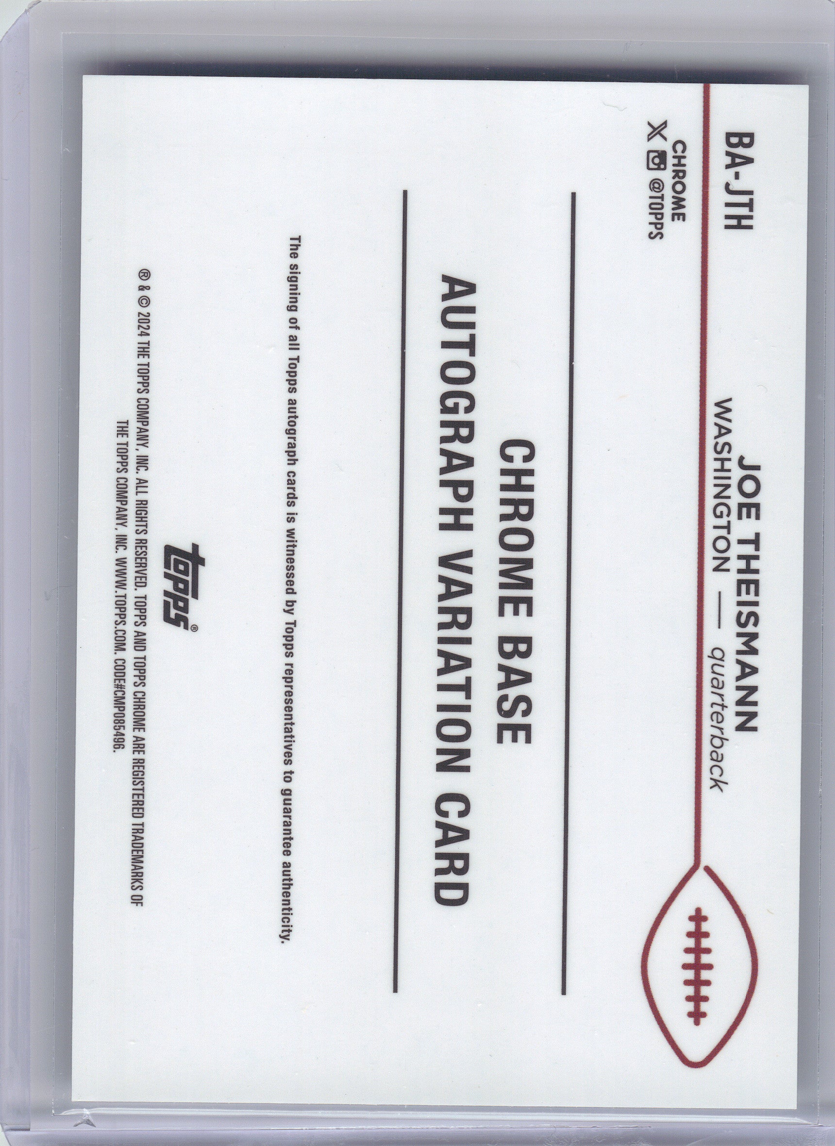2024 Topps Chrome #BA-JTH Joe Theismann Autographs Refractor Washington Redskins Auto