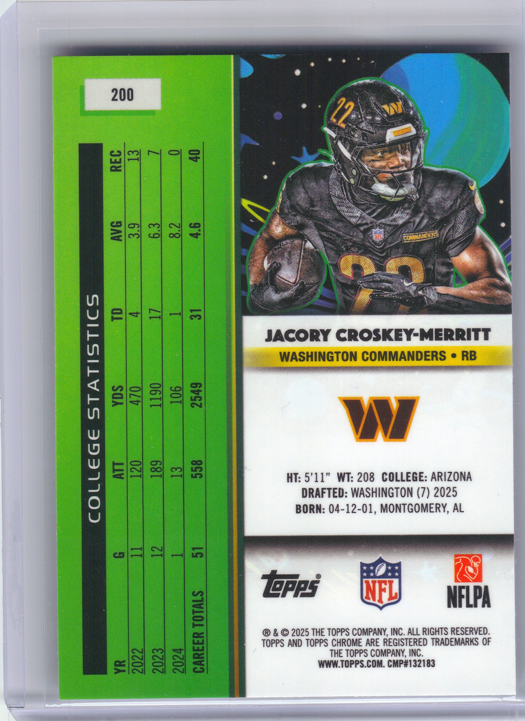 2025 Topps Chrome Cosmic #200 Jacory Croskey-Merritt Washington Commanders Rookie
