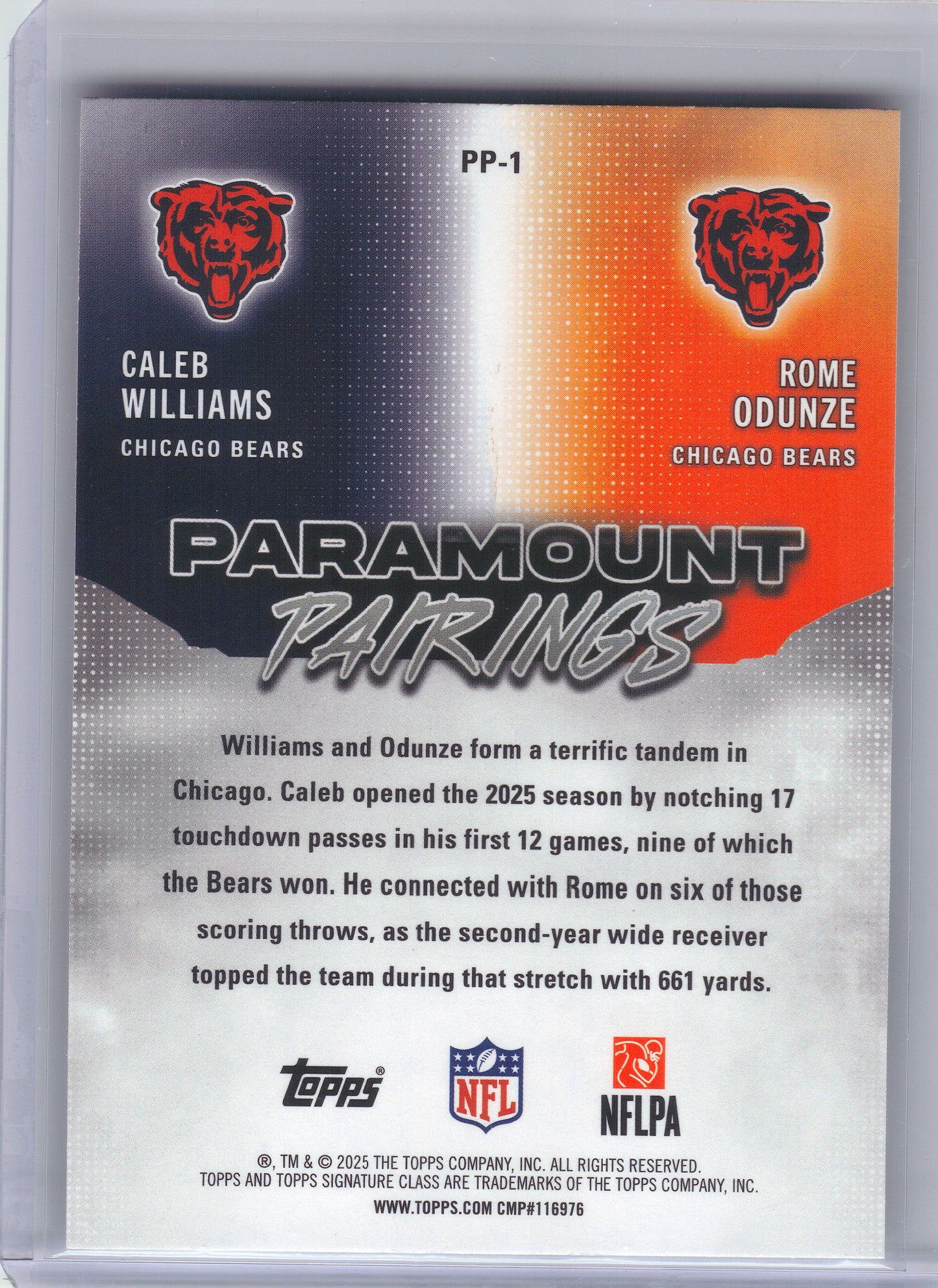 2025 Topps Signature Class #PP-1 Caleb Williams / Rome Odunze Paramount Pairings Chicago Bears