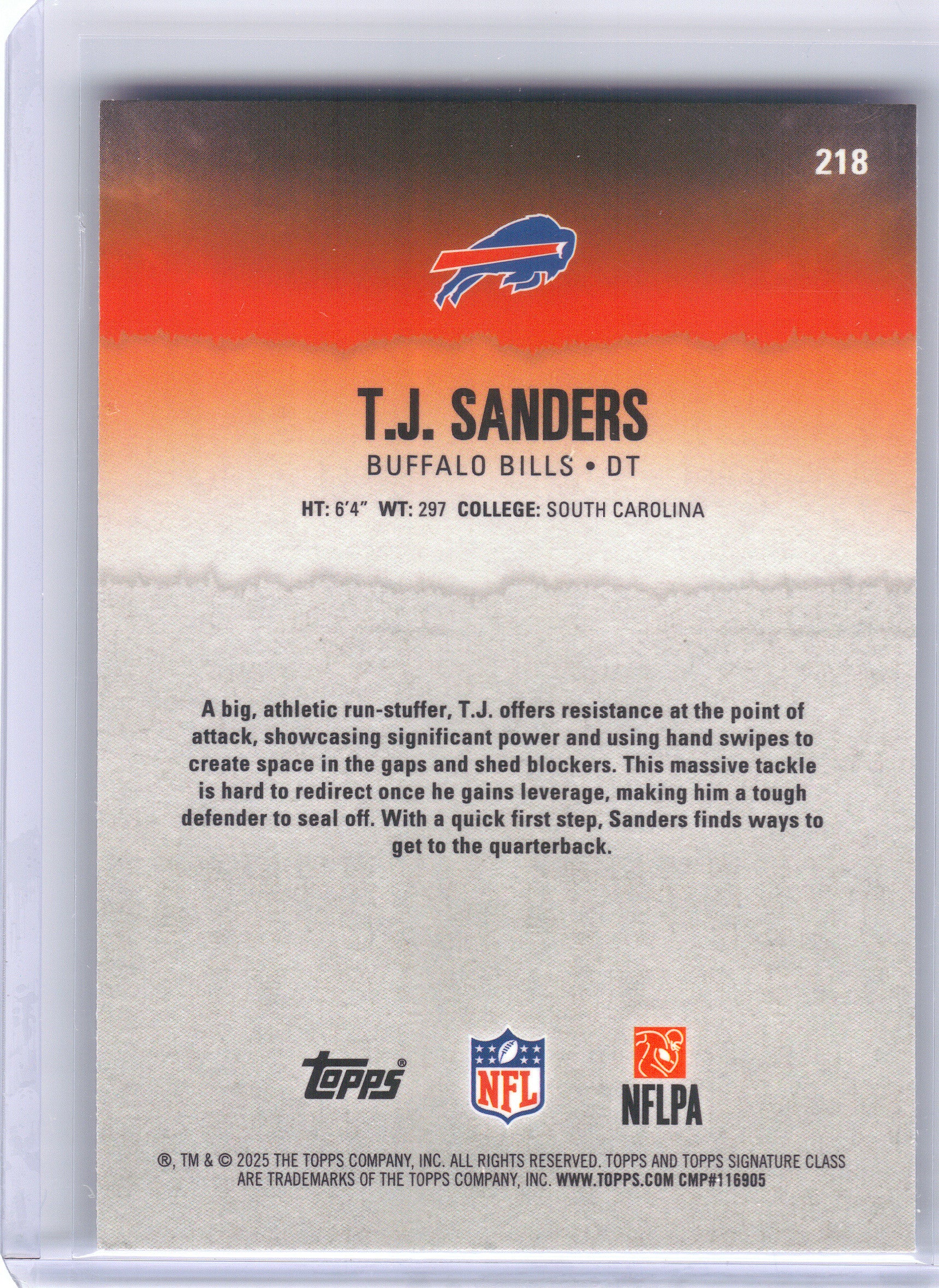 2025 Topps Signature Class #218 T.J. Sanders Chrome Buffalo Bills Rookie